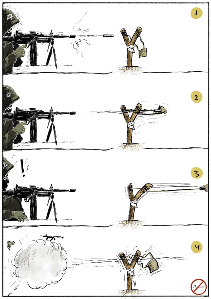 Political cartoon by Rafat Alkhatib, “A stone against occupation”, 10 January 2021.