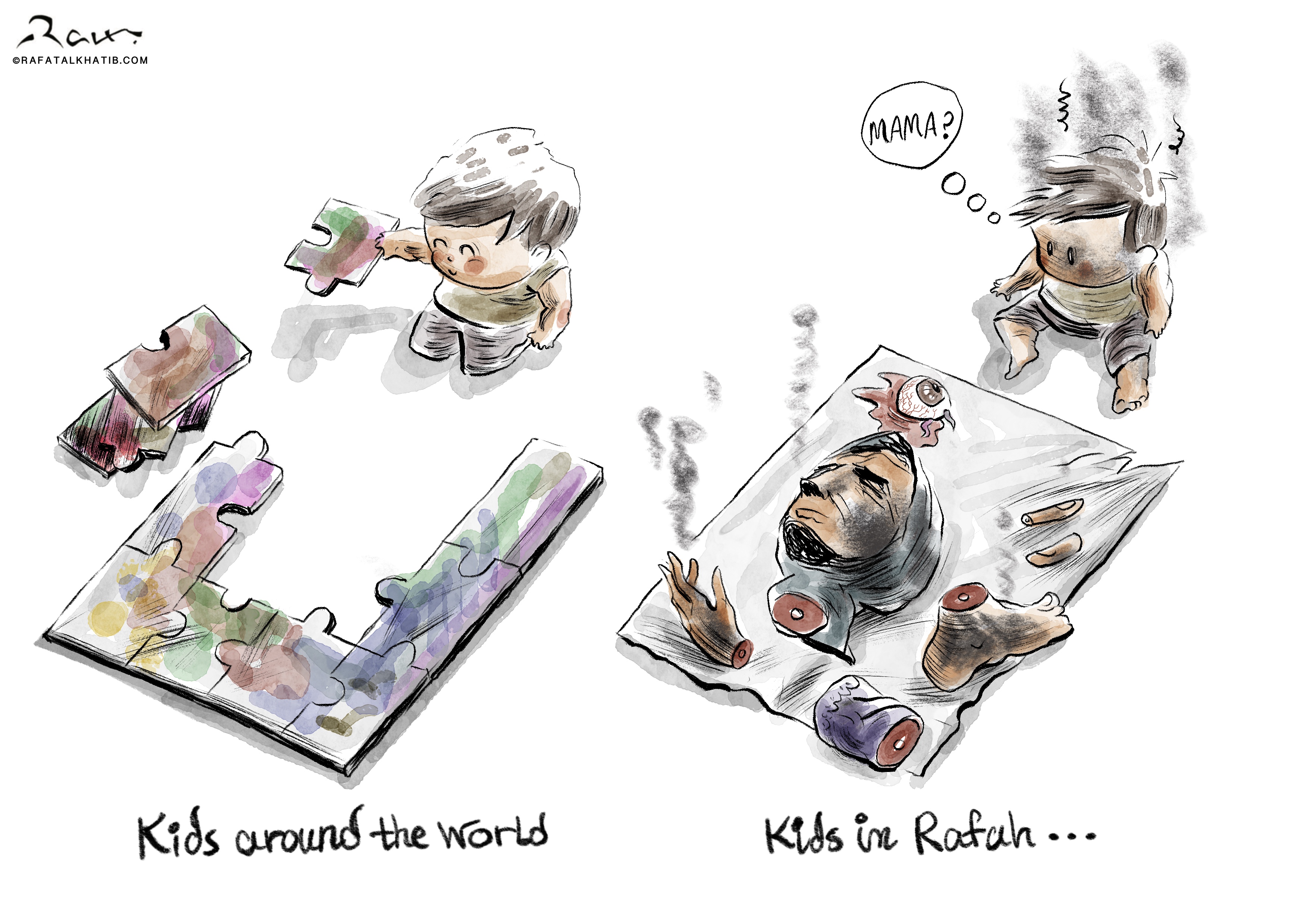 Emotive cartoon showing two scenes: on the left, a child happily assembling a colorful puzzle labeled ‘Kids around the world’; on the right, a child in Rafah gazing at a fragmented, war-torn image with the word ‘MAMA?’ illustrating the tragic impact of conflict on children.