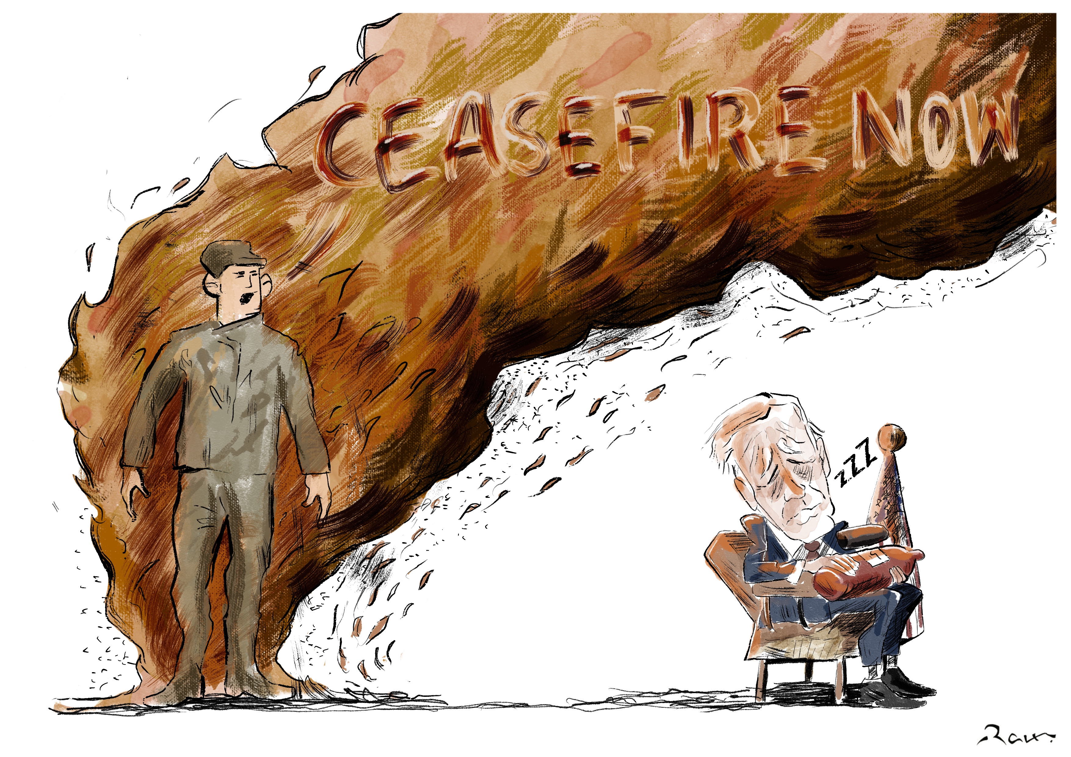 Political cartoon by Rafat Alkhatib, “Aaron Bushnell”, 26 February 2024.