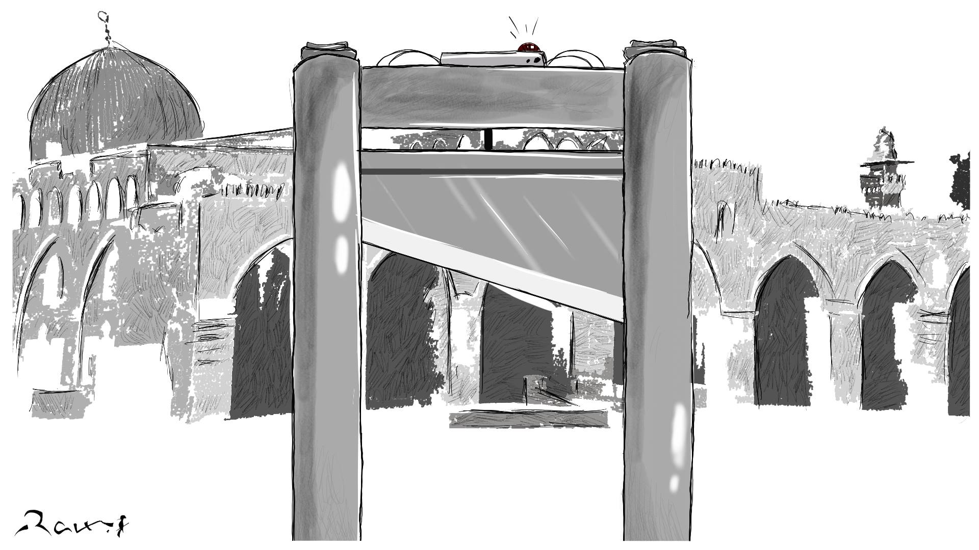 Political cartoon by Rafat Alkhatib, “Al Aqsa Electronic Doors”, 22 July 2017.