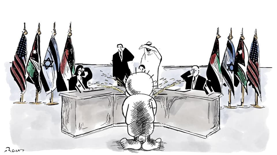 Political cartoon by Rafat Alkhatib, “Arabian summit with Israel”, 23 November 2021.