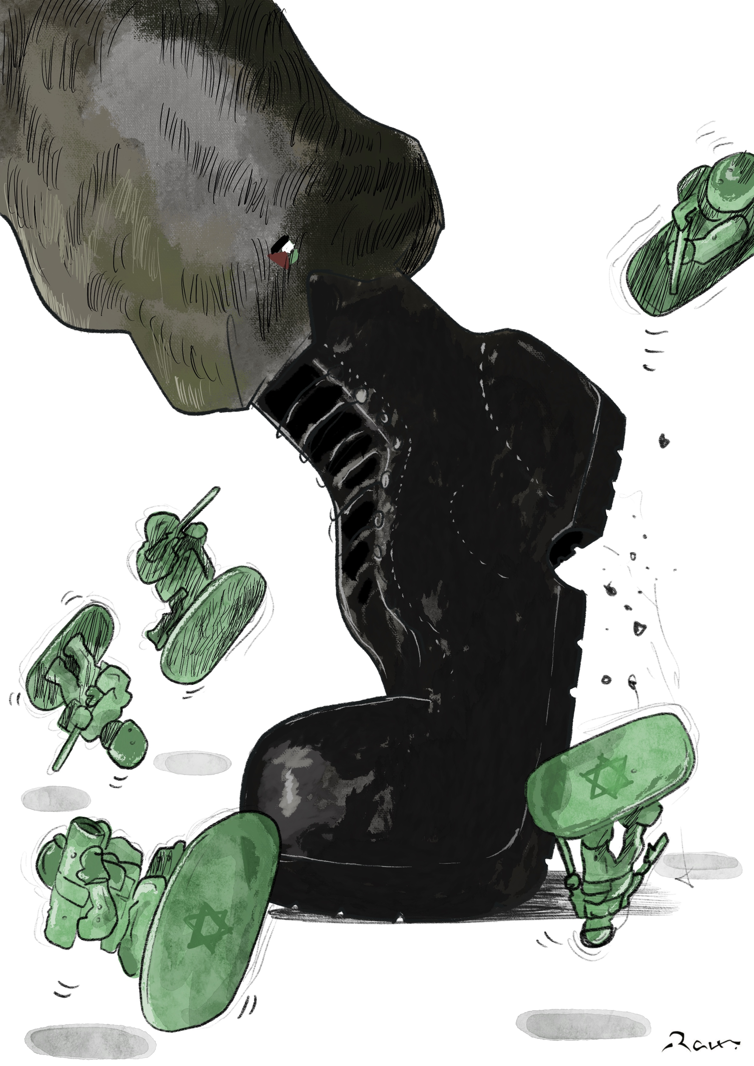 Political cartoon by Rafat Alkhatib, “Army of Toys”, 8 October 2023.
