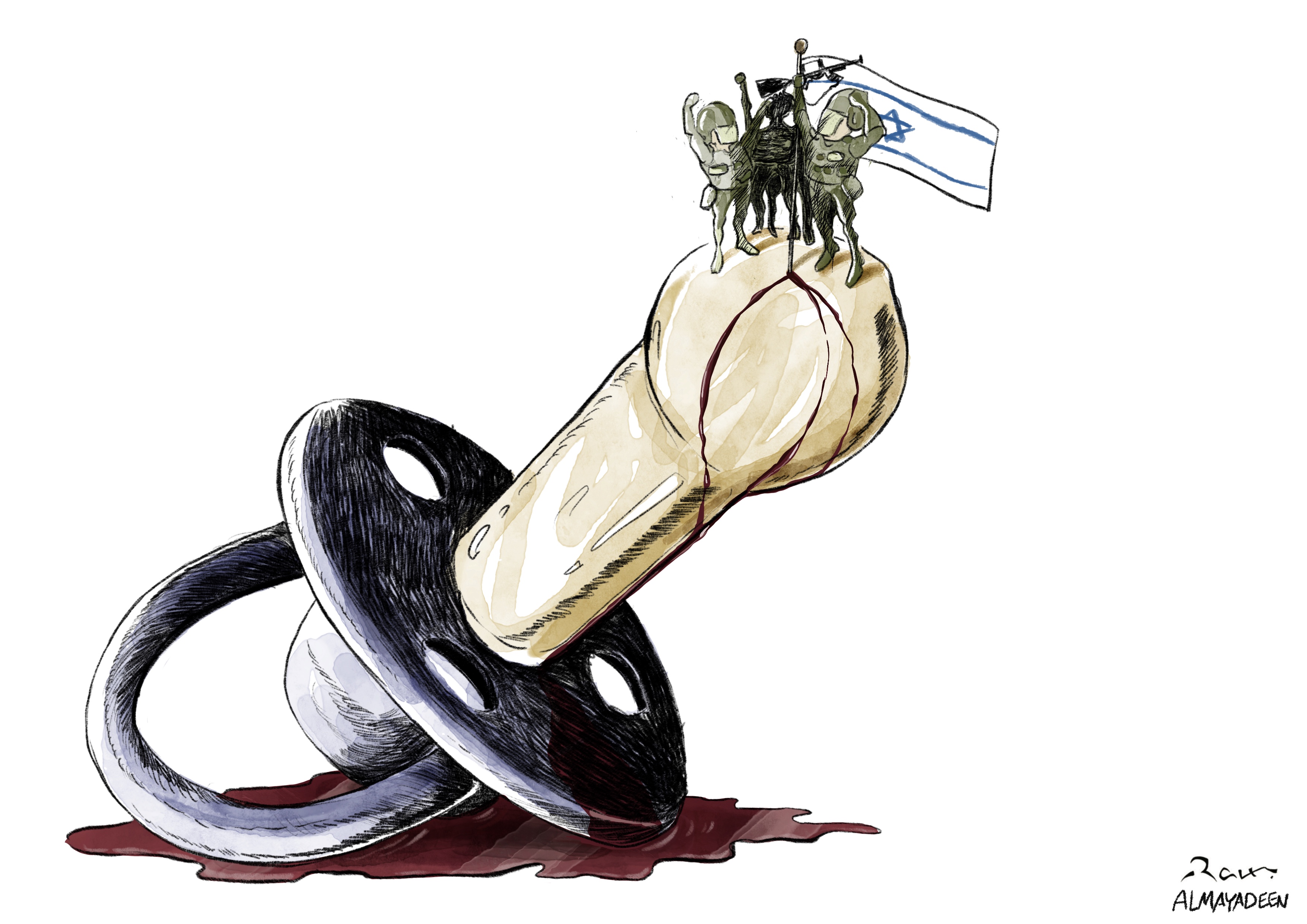 Political cartoon by Rafat Alkhatib, “Baby Killers”, 18 November 2023.