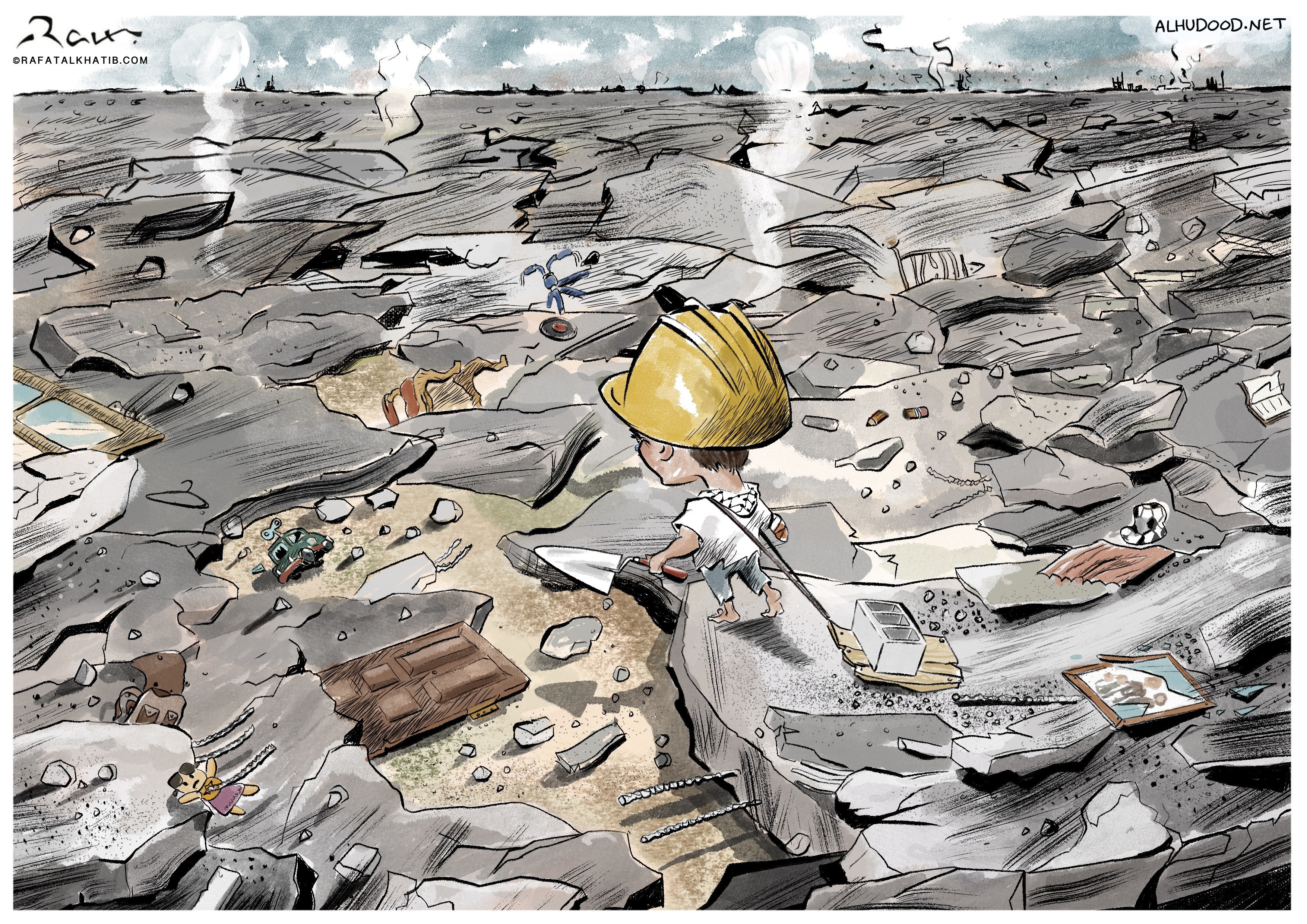 Political cartoon by Rafat Alkhatib, “Blockbyblock”, 21 January 2025.