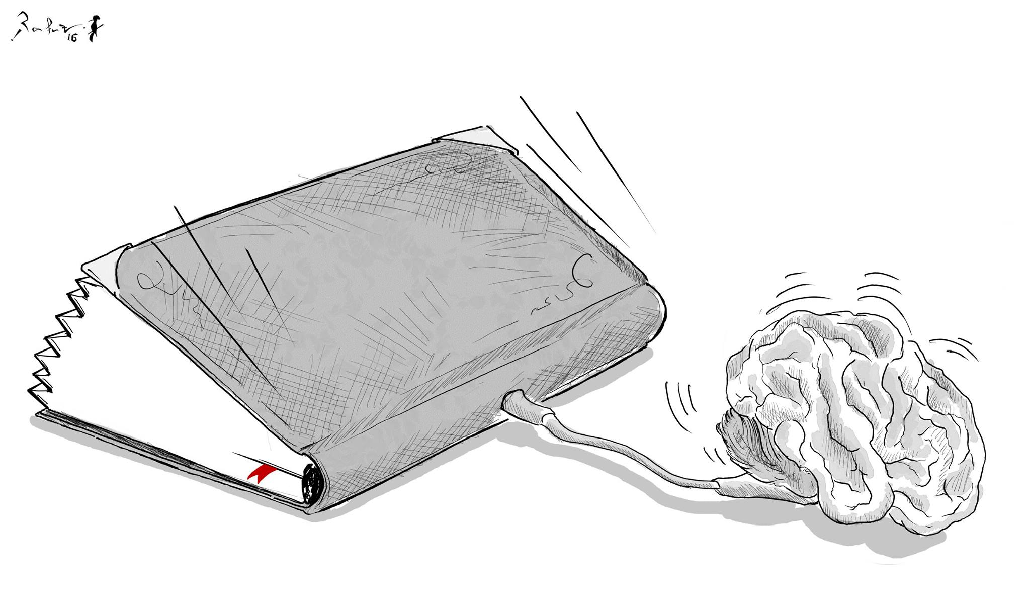 Political cartoon by Rafat Alkhatib, “Book Effect”, 13 February 2017.