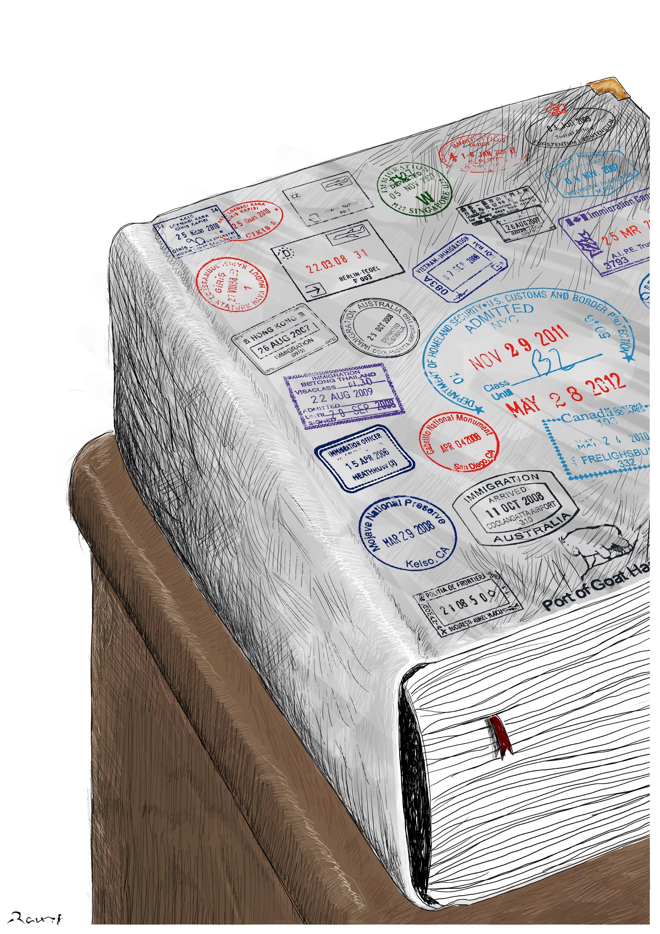 Political cartoon by Rafat Alkhatib, “Book Passport”, 28 May 2018.