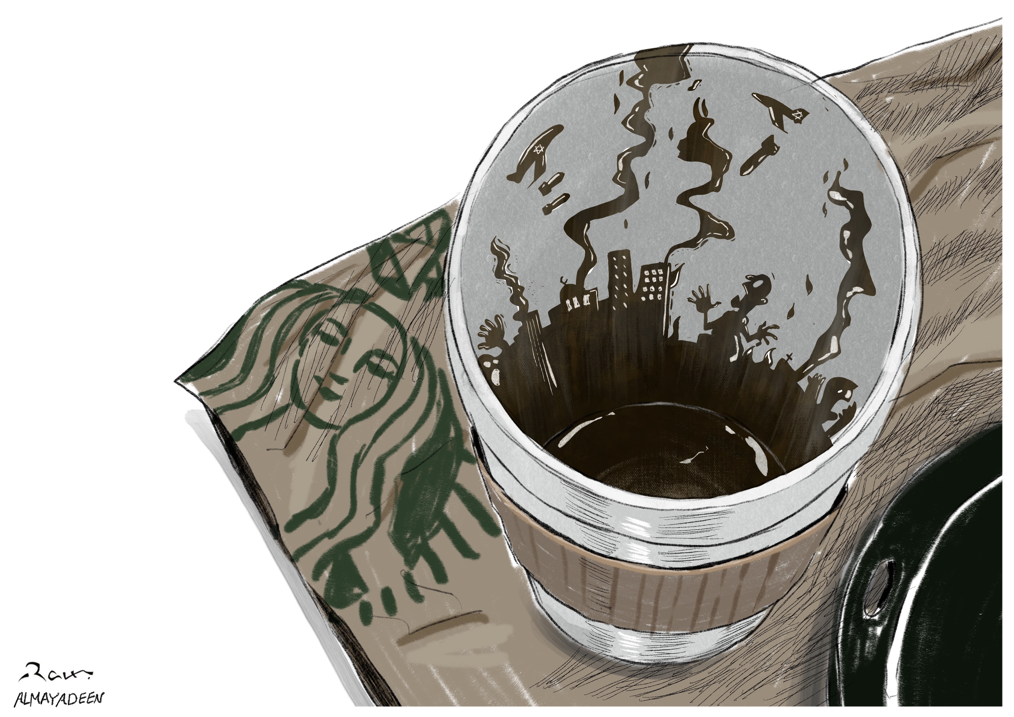 Political cartoon by Rafat Alkhatib, “Boycott Starbucks”, 24 October 2023.