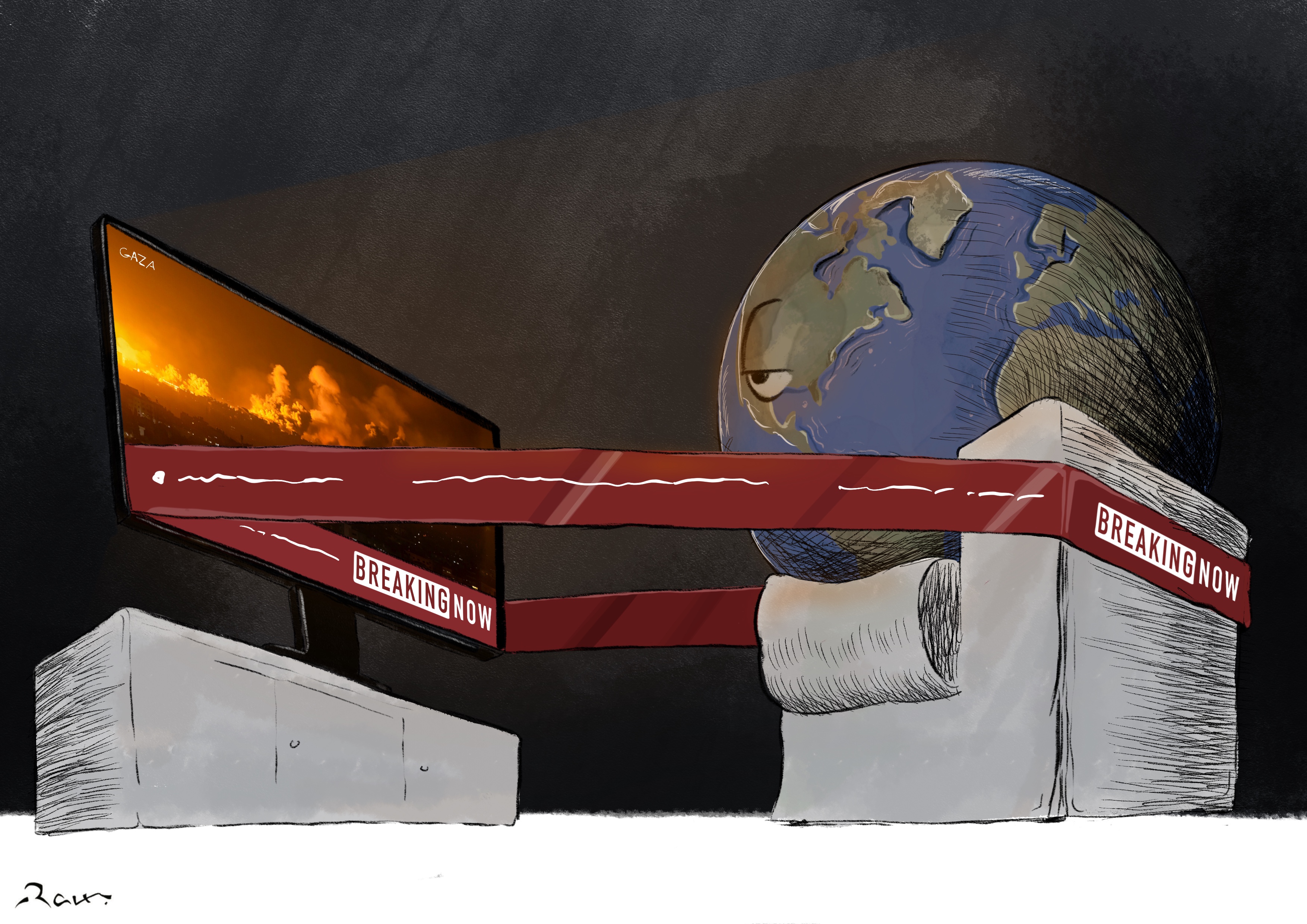Political cartoon by Rafat Alkhatib, “Breaking News”, 31 October 2023.