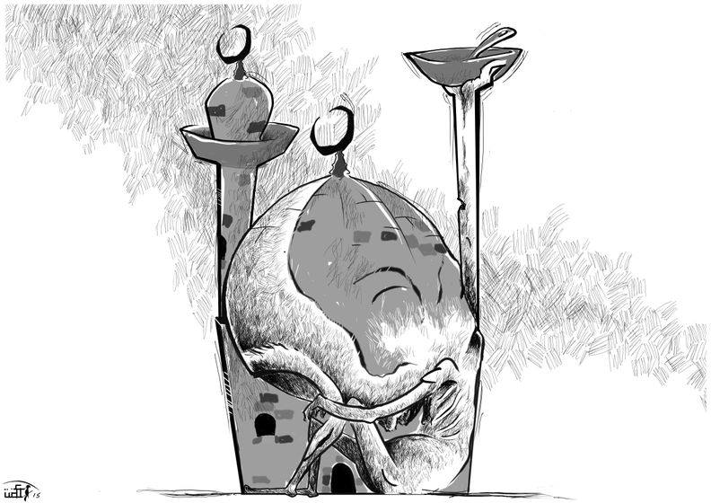 Political cartoon by Rafat Alkhatib, “Building Starving Mosque”, 15 August 2015.