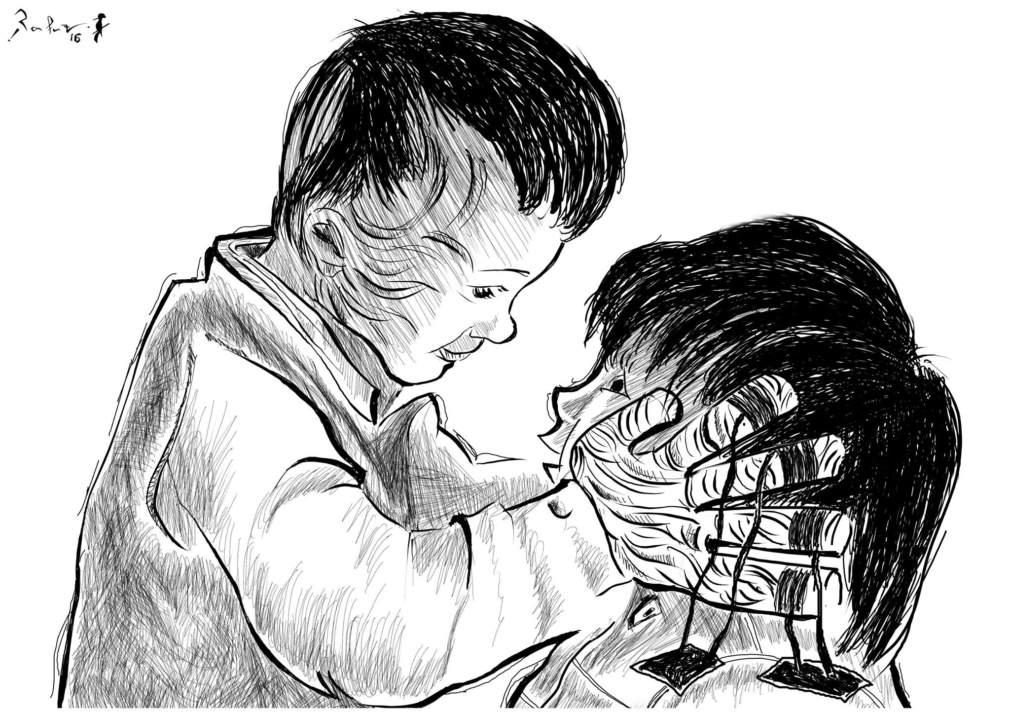 Political cartoon by Rafat Alkhatib, “Burning Al Dawabshieh”, 23 March 2016.
