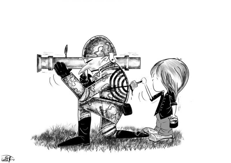 Political cartoon by Rafat Alkhatib, “Child in war”, 20 March 2015.