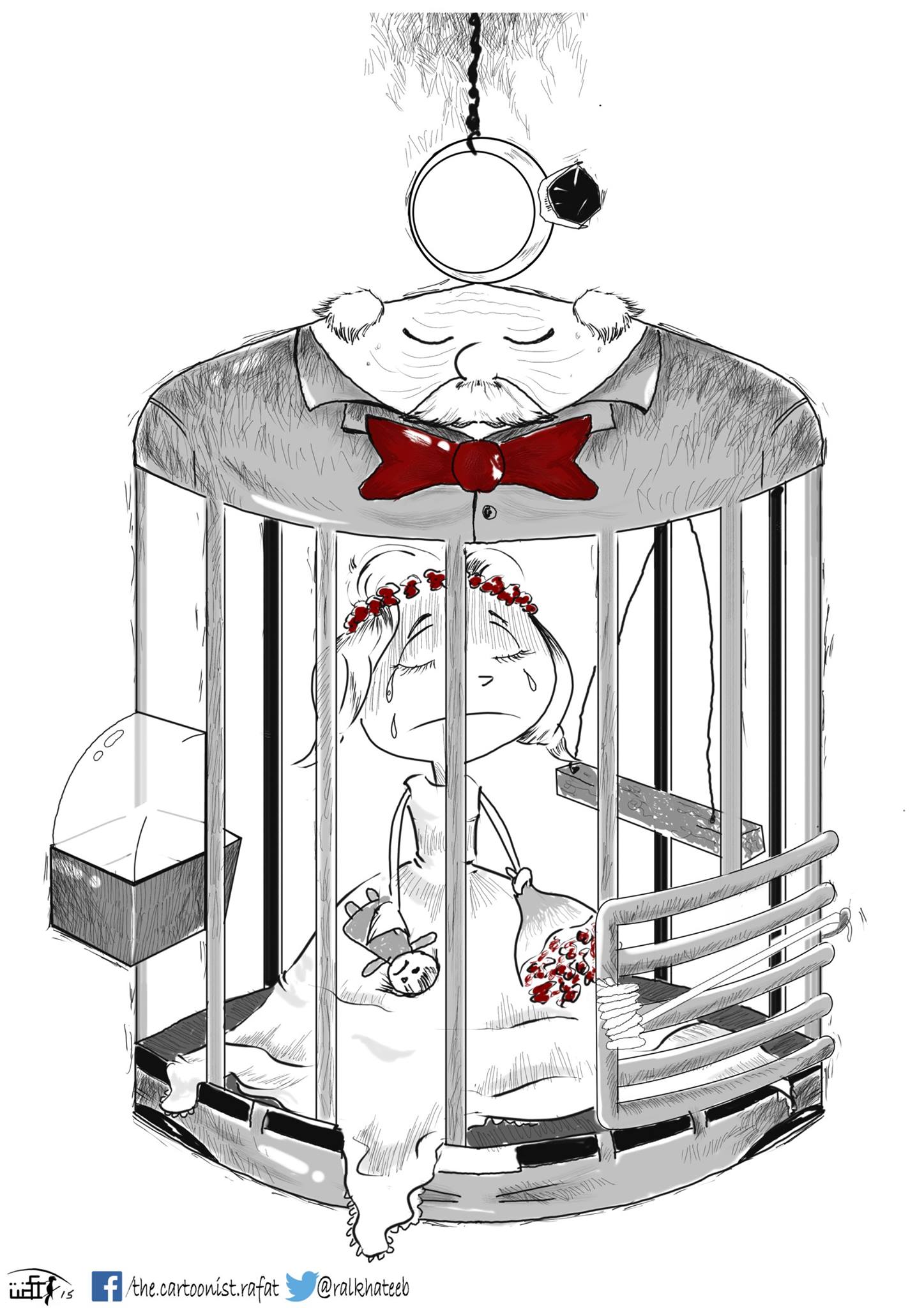 Political cartoon by Rafat Alkhatib, “Child’s Marriage”, 2 May 2015.