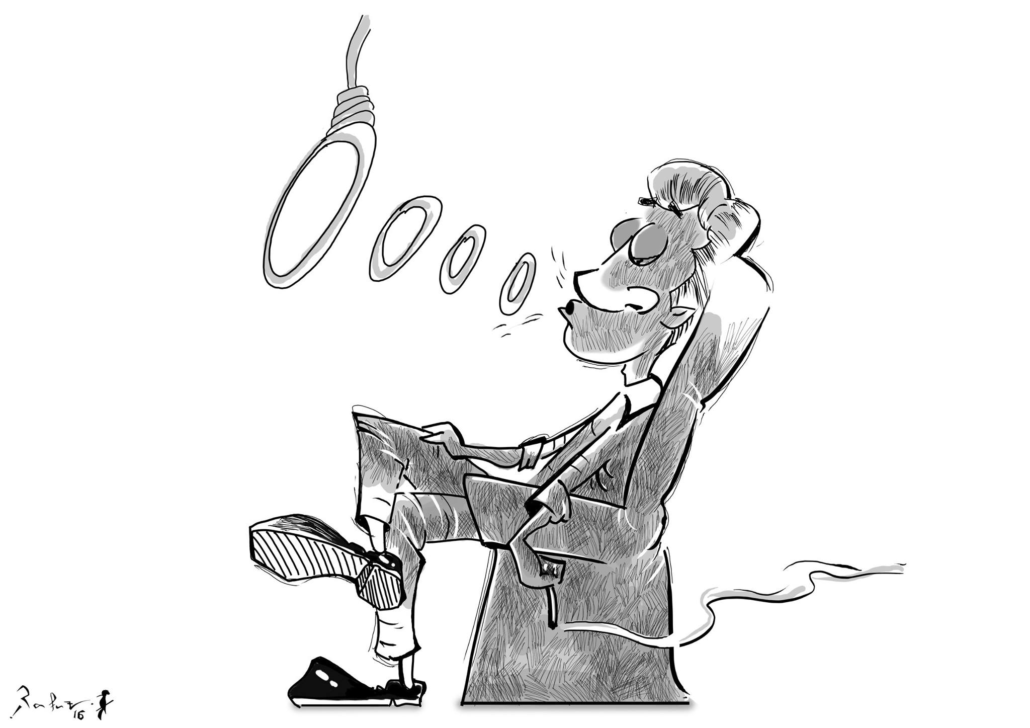 Political cartoon by Rafat Alkhatib, “Cigarettes kill”, 20 April 2016.
