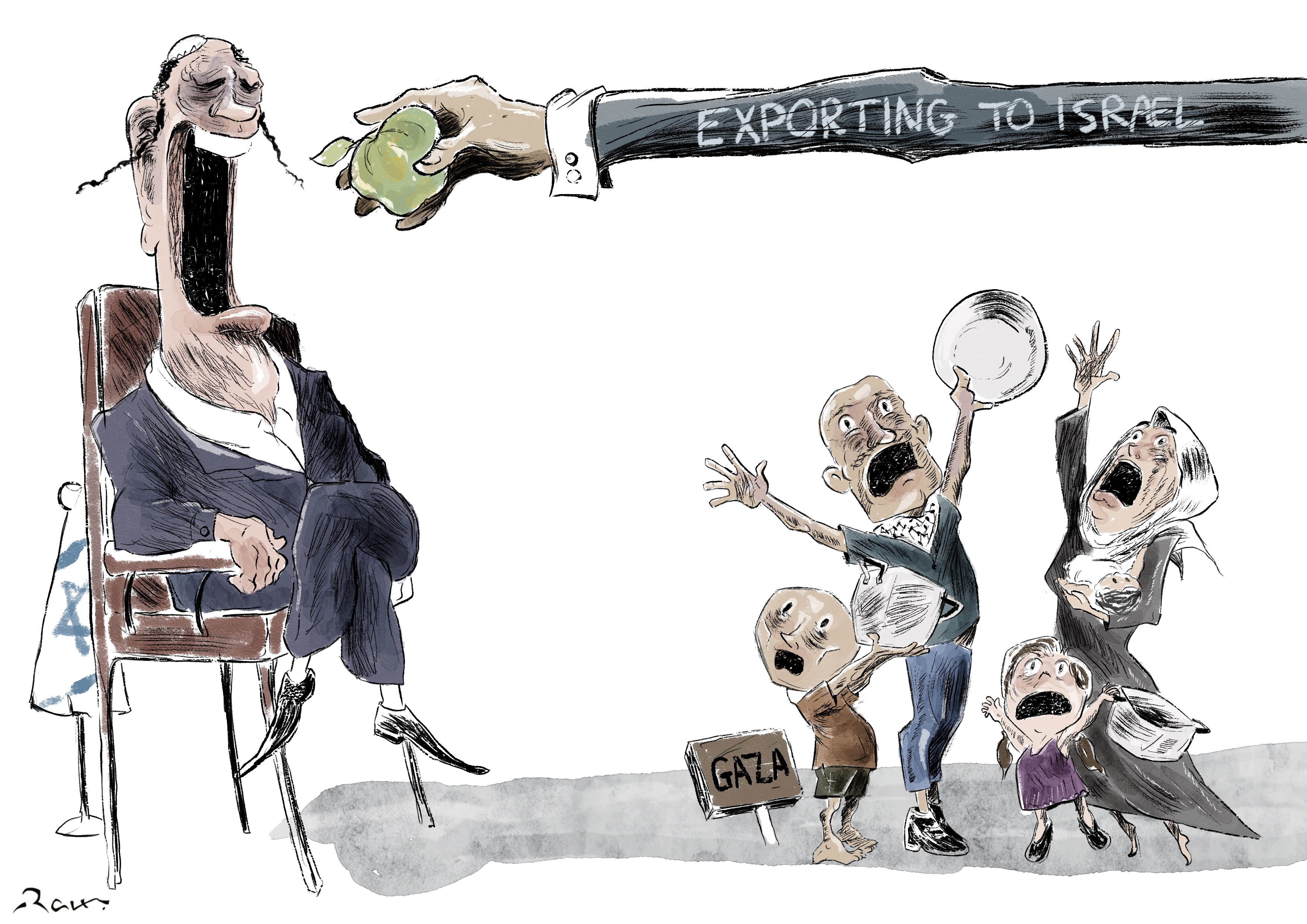 Political cartoon by Rafat Alkhatib, “Cursed Fruits”, 27 February 2024.