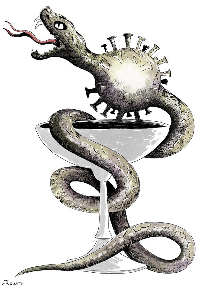 Political cartoon by Rafat Alkhatib, “Developing Covid Vaccine”, 17 June 2020.