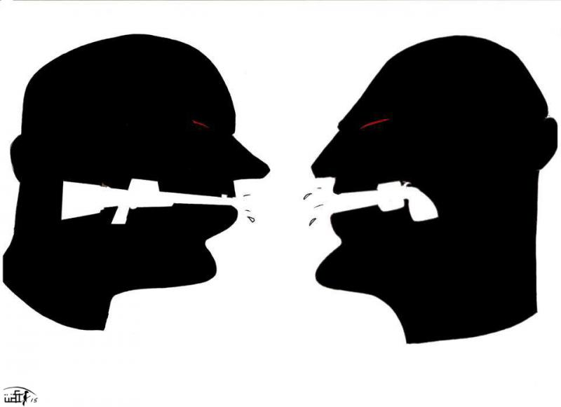 Political cartoon by Rafat Alkhatib, “Discussion”, 15 April 2011.