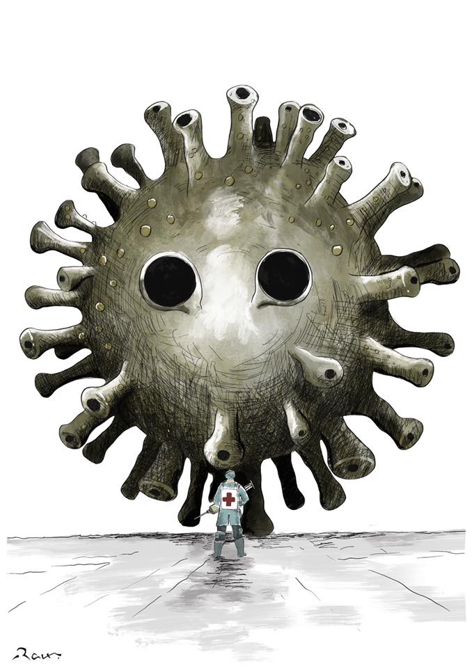 Political cartoon by Rafat Alkhatib, “Doctors against Covid”, 14 March 2020.
