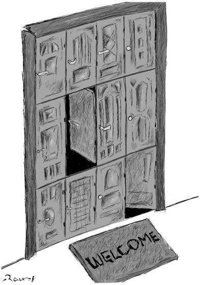 Political cartoon by Rafat Alkhatib, “Doors”, 12 August 2017.
