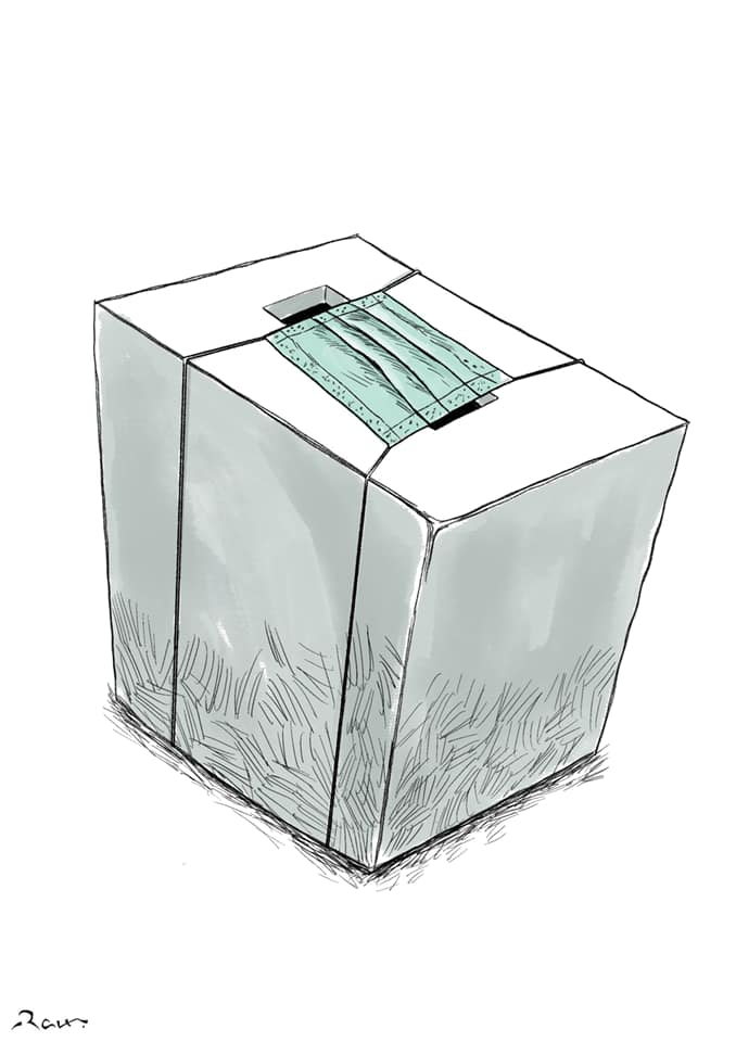 Political cartoon by Rafat Alkhatib, “Elections in the time of Covid 1”, 6 October 2020.