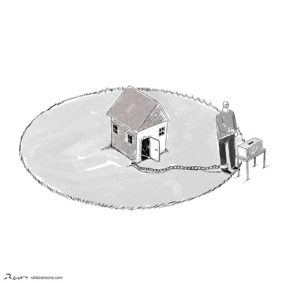 Political cartoon by Rafat Alkhatib, “Elections in the time of Covid 7”, 9 November 2020.