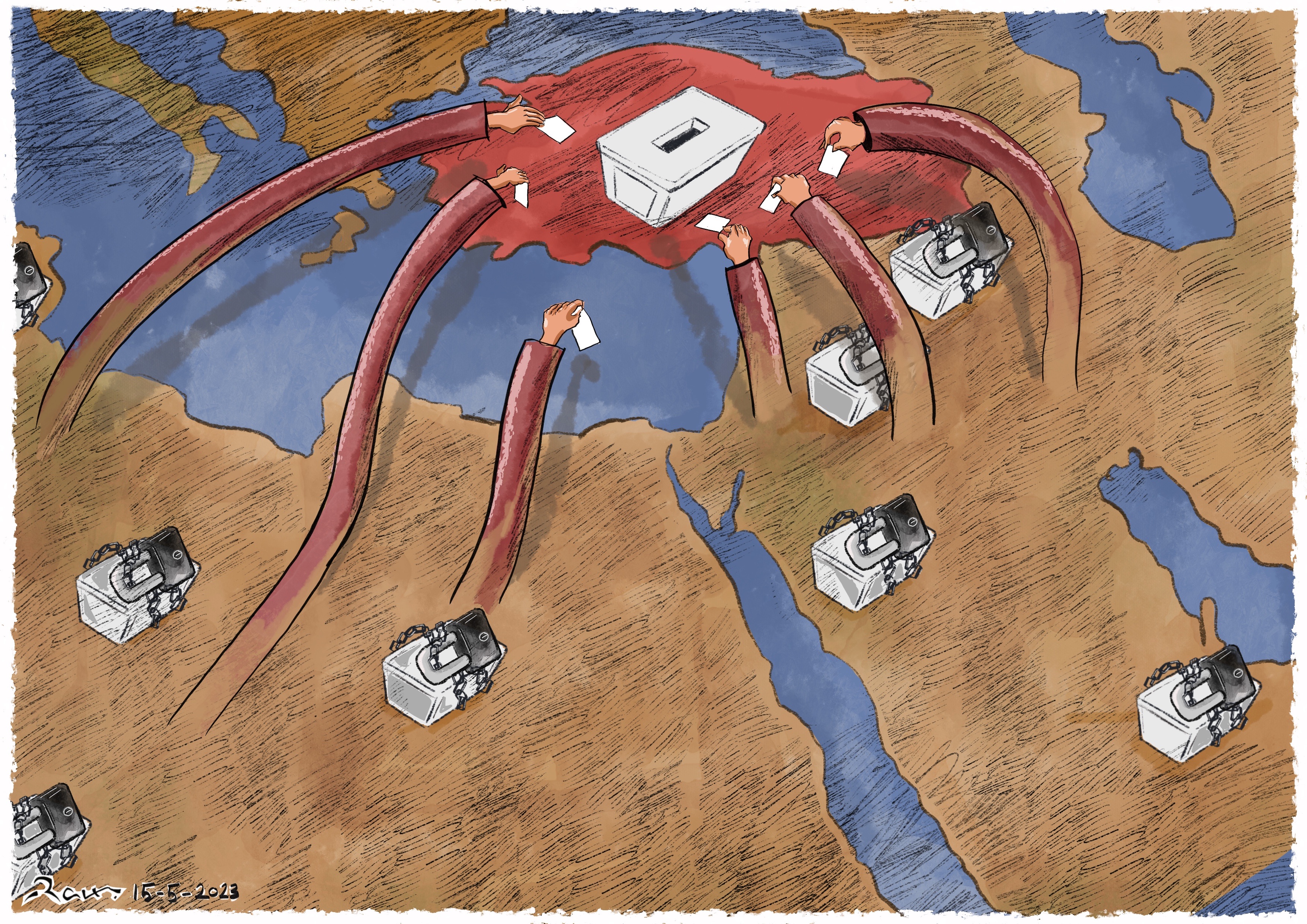 Political cartoon by Rafat Alkhatib, “Elections in Turkey”, 15 May 2023.