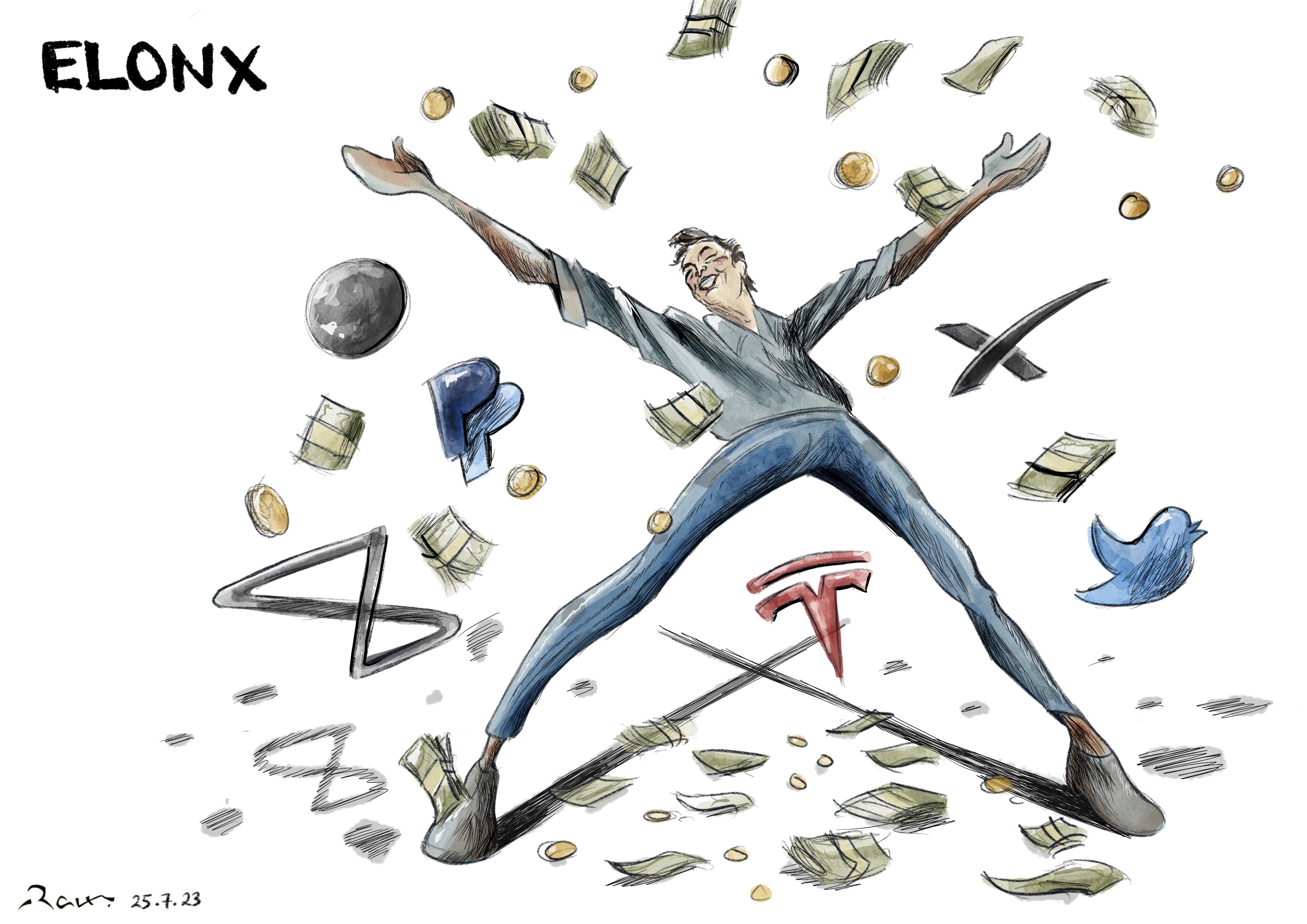 Political cartoon by Rafat Alkhatib, “ElonX”, 25 July 2023.