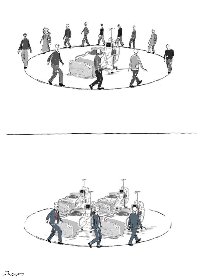 Political cartoon by Rafat Alkhatib, “Equal distribution for health benefits”, 14 November 2020.