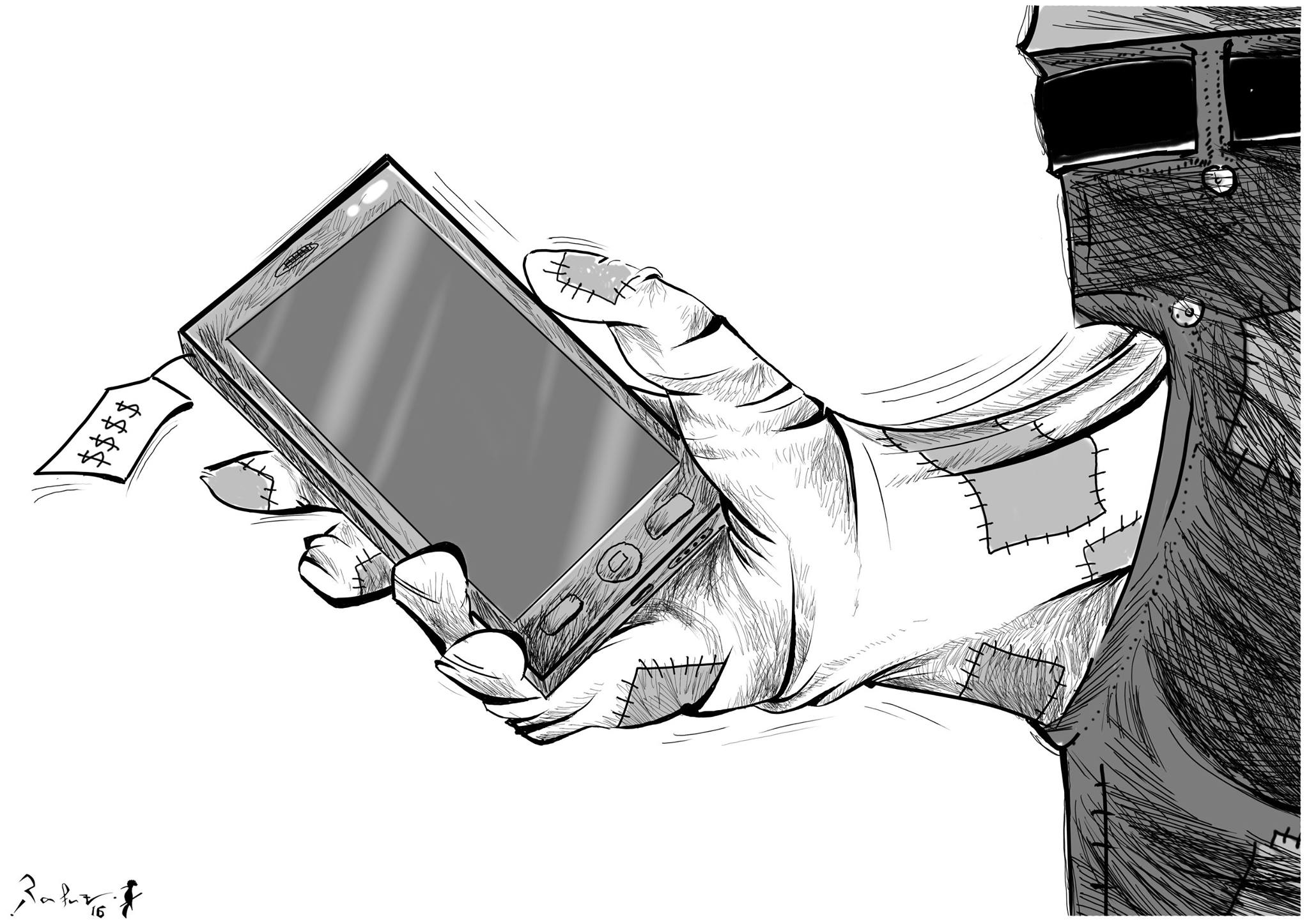 Political cartoon by Rafat Alkhatib, “Expensive Phones, Cheap Pockets”, 9 April 2016.