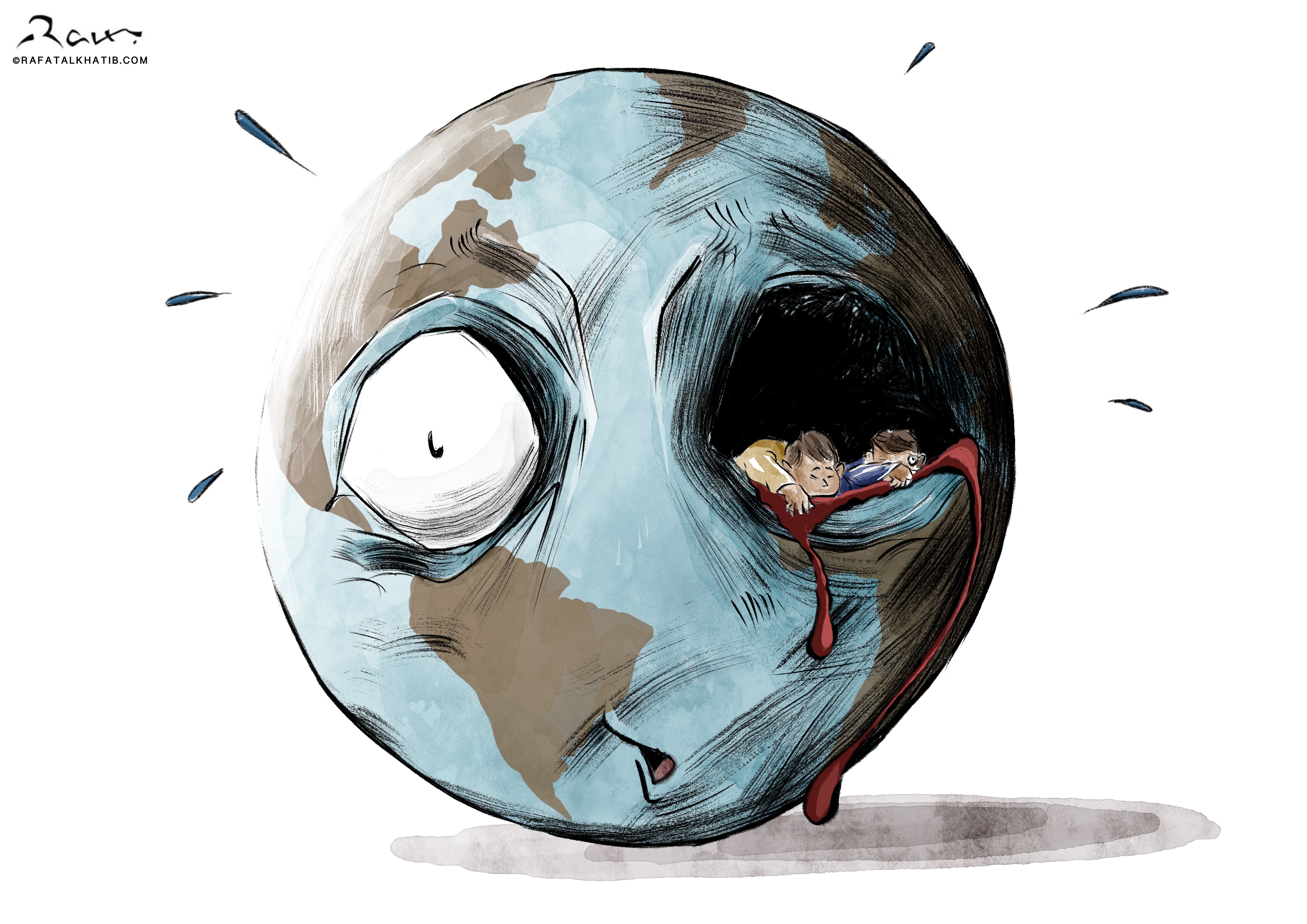 Powerful cartoon depicting the Earth with a wide, fearful eye and a hole in its side, through which two children from Rafah are seen clinging. Blood is dripping from the hole, symbolizing the violence and suffering inflicted by Israeli forces, with the world watching in horror.