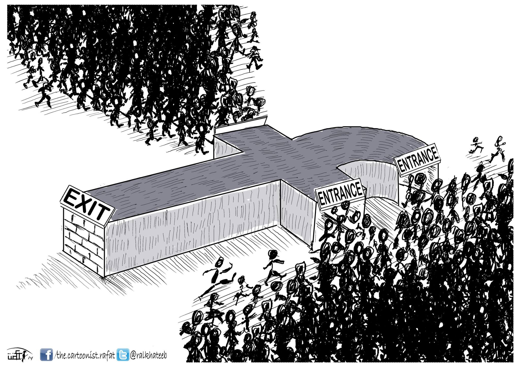 Political cartoon by Rafat Alkhatib, “Facebook Addiction”, 17 August 2014.