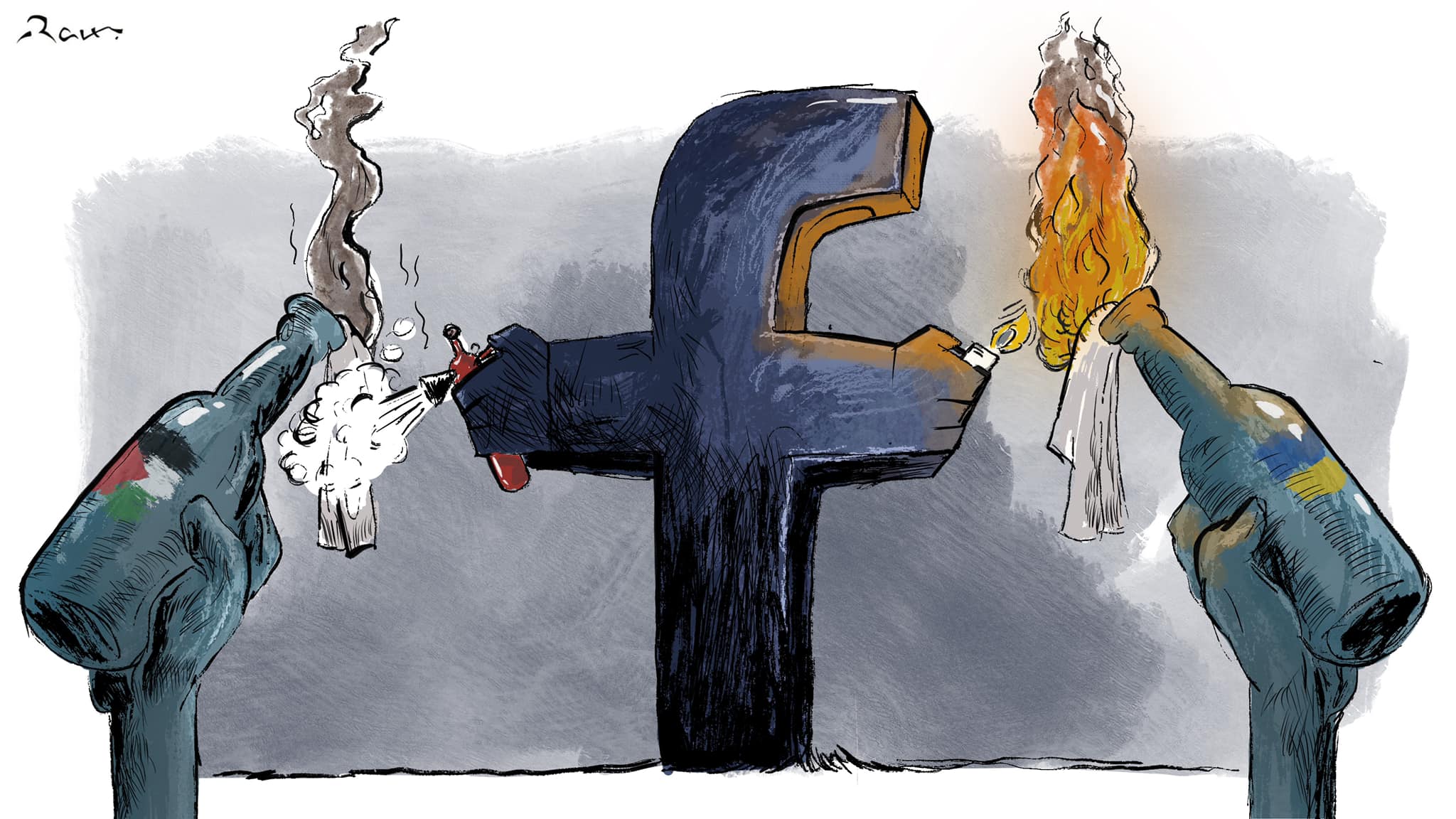 Political cartoon by Rafat Alkhatib, “Facebook double standards”, 12 March 2022.