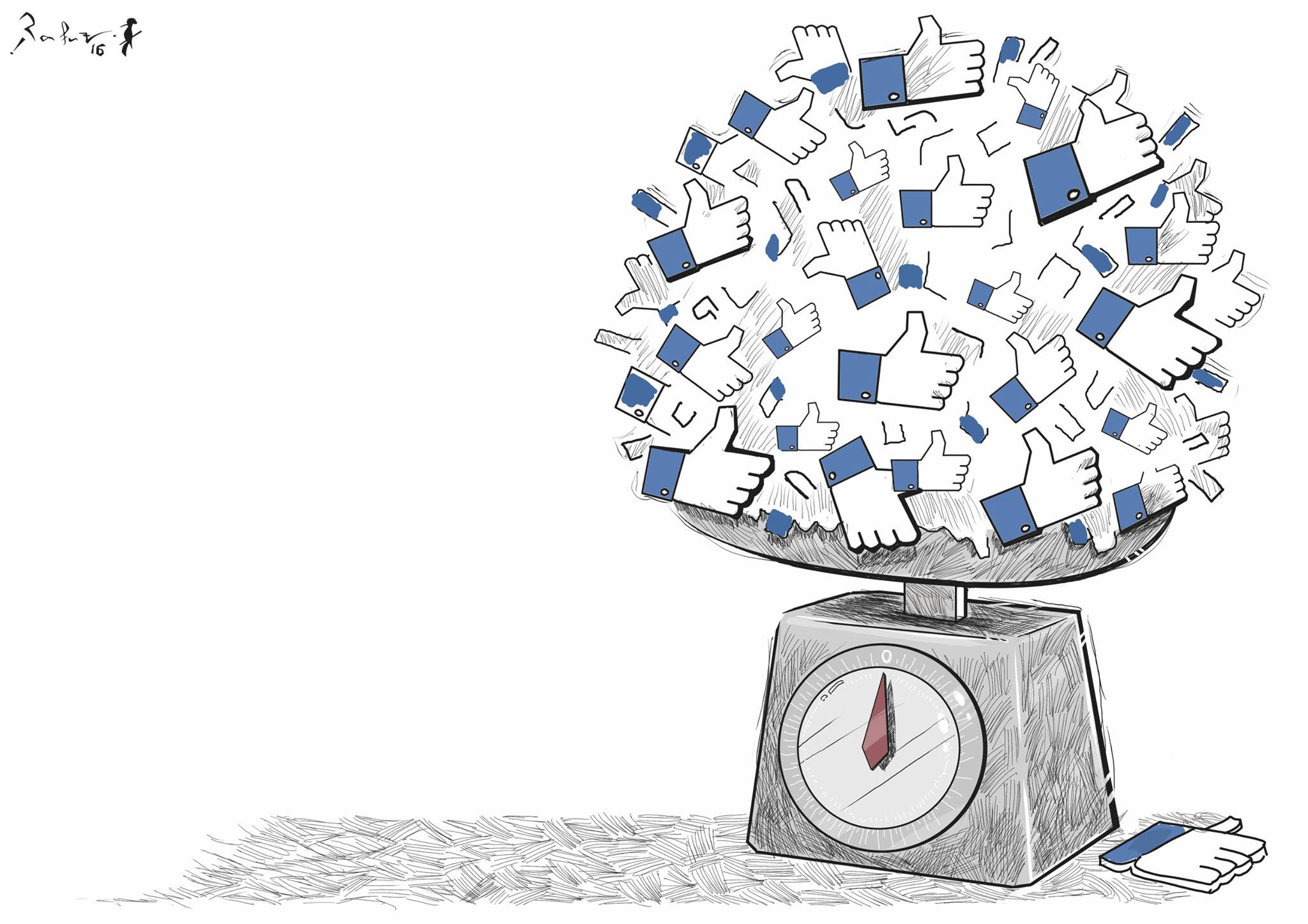 Political cartoon by Rafat Alkhatib, “Facebook Likes”, 28 March 2016.