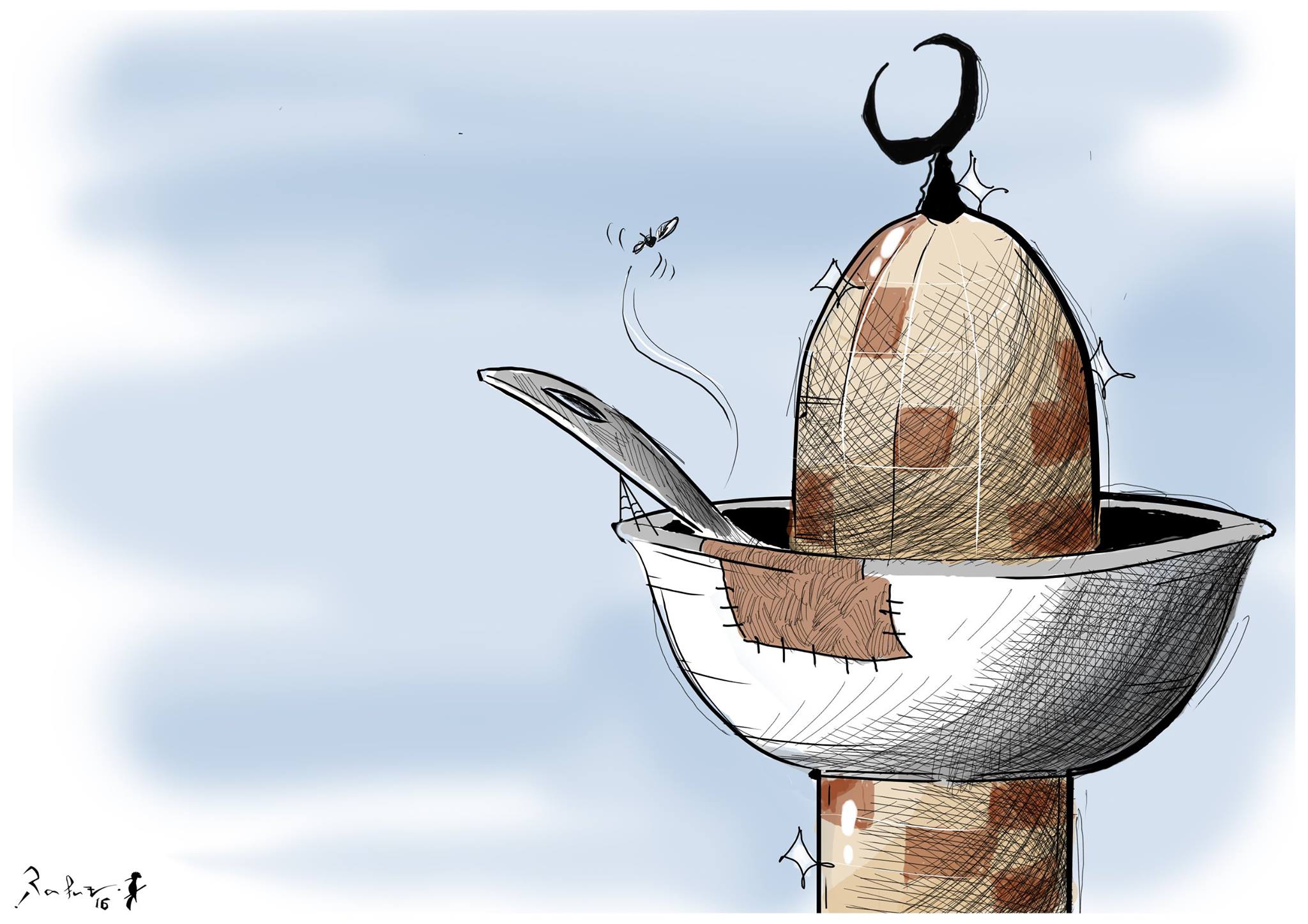 Political cartoon by Rafat Alkhatib, “Famine in the time of rich mosques”, 8 April 2016.