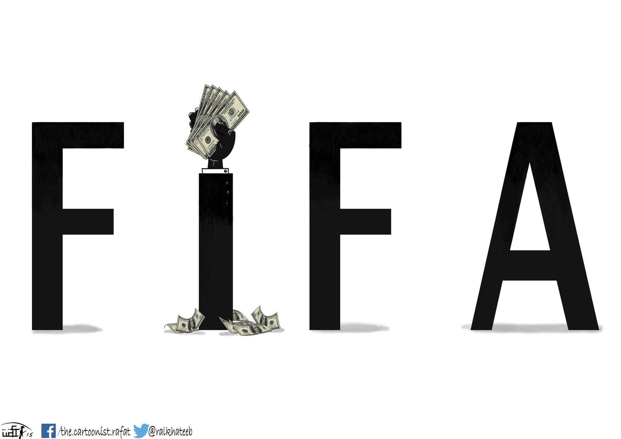 Political cartoon by Rafat Alkhatib, “Fifa Corruption”, 31 May 2015.