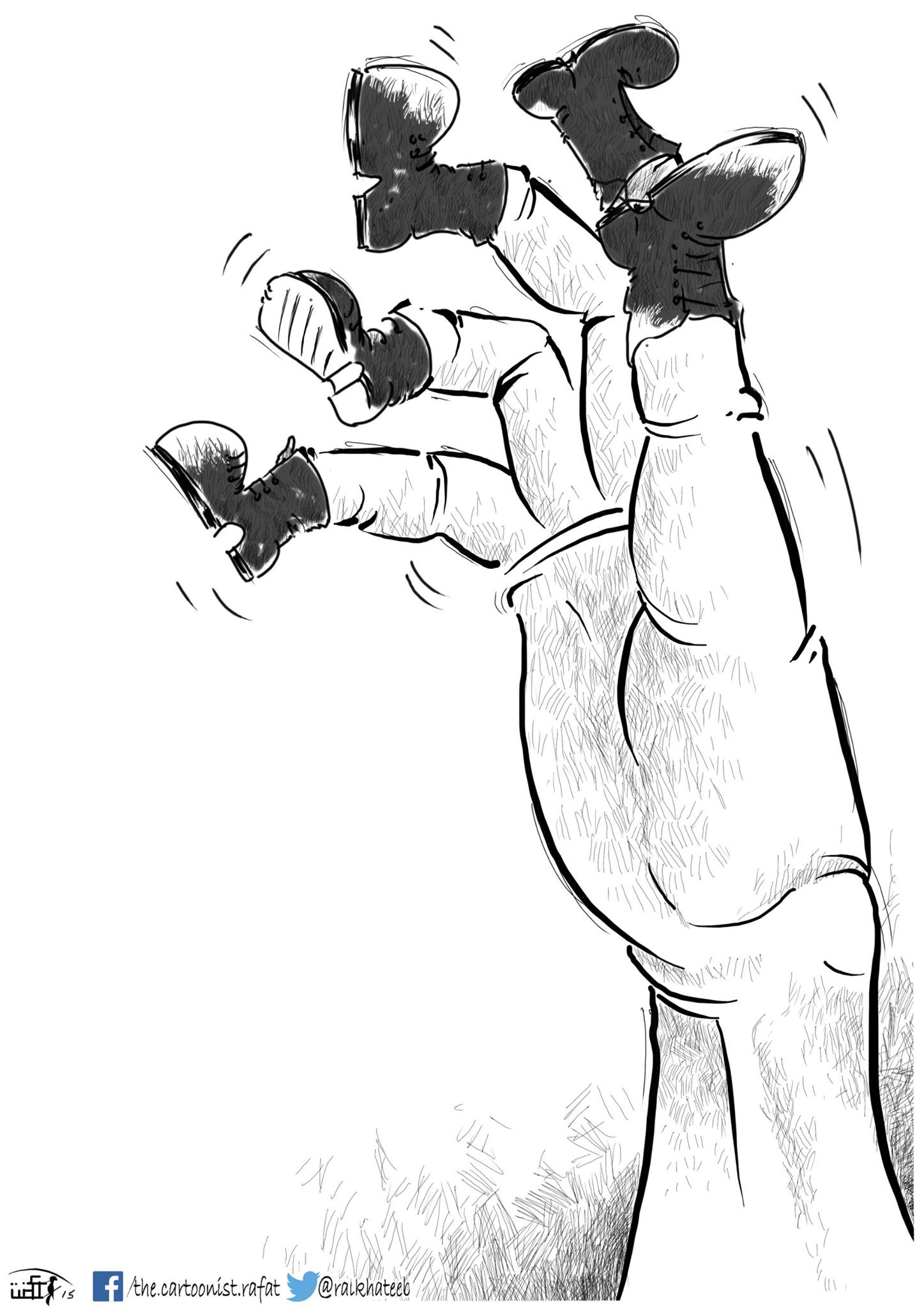 Political cartoon by Rafat Alkhatib, “Finger-Foot prints”, 23 May 2015.