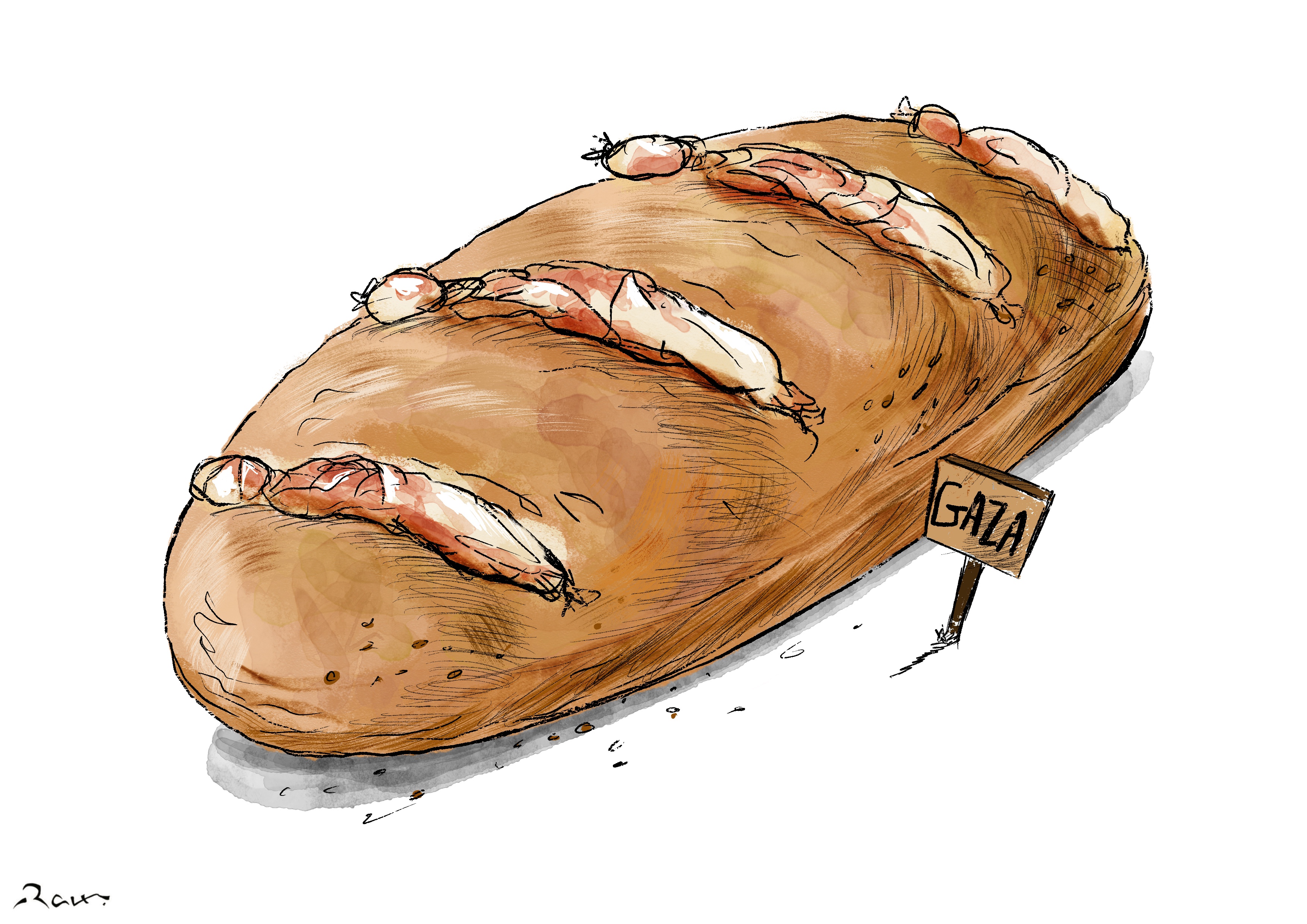 Political cartoon by Rafat Alkhatib, “Food Trap”, 29 February 2024.