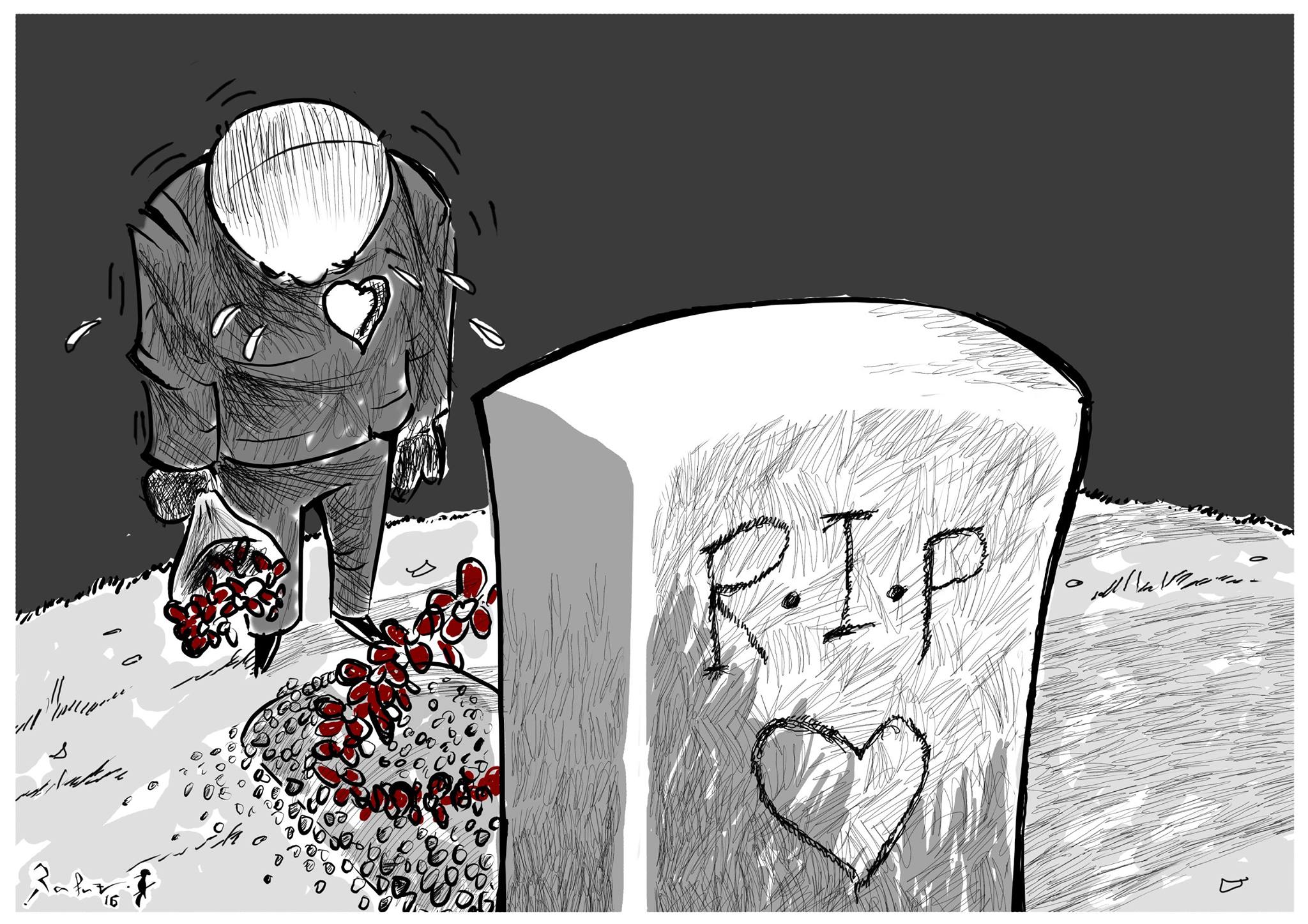 Political cartoon by Rafat Alkhatib, “For those we care about”, 21 March 2016.