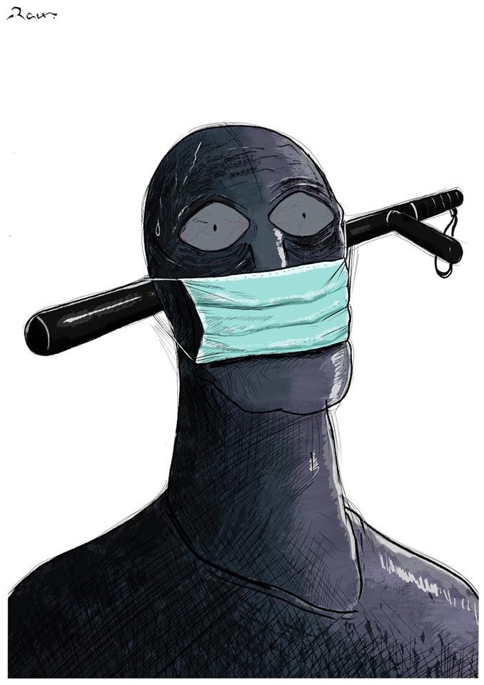 Political cartoon by Rafat Alkhatib, “Wear a mask!”, 29 August 2020.