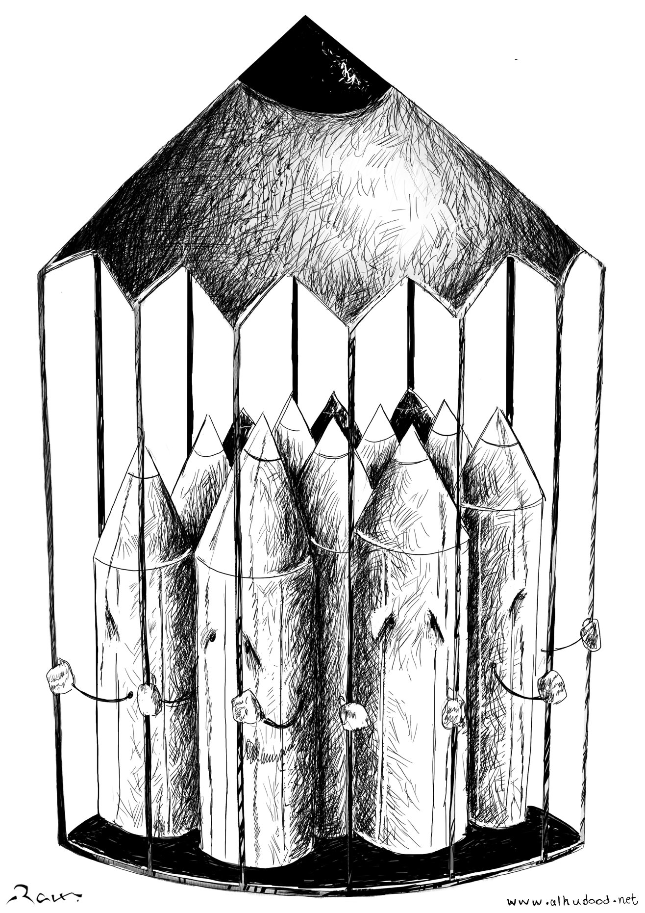Political cartoon by Rafat Alkhatib, “By the name of freedom”, 1 December 2018.