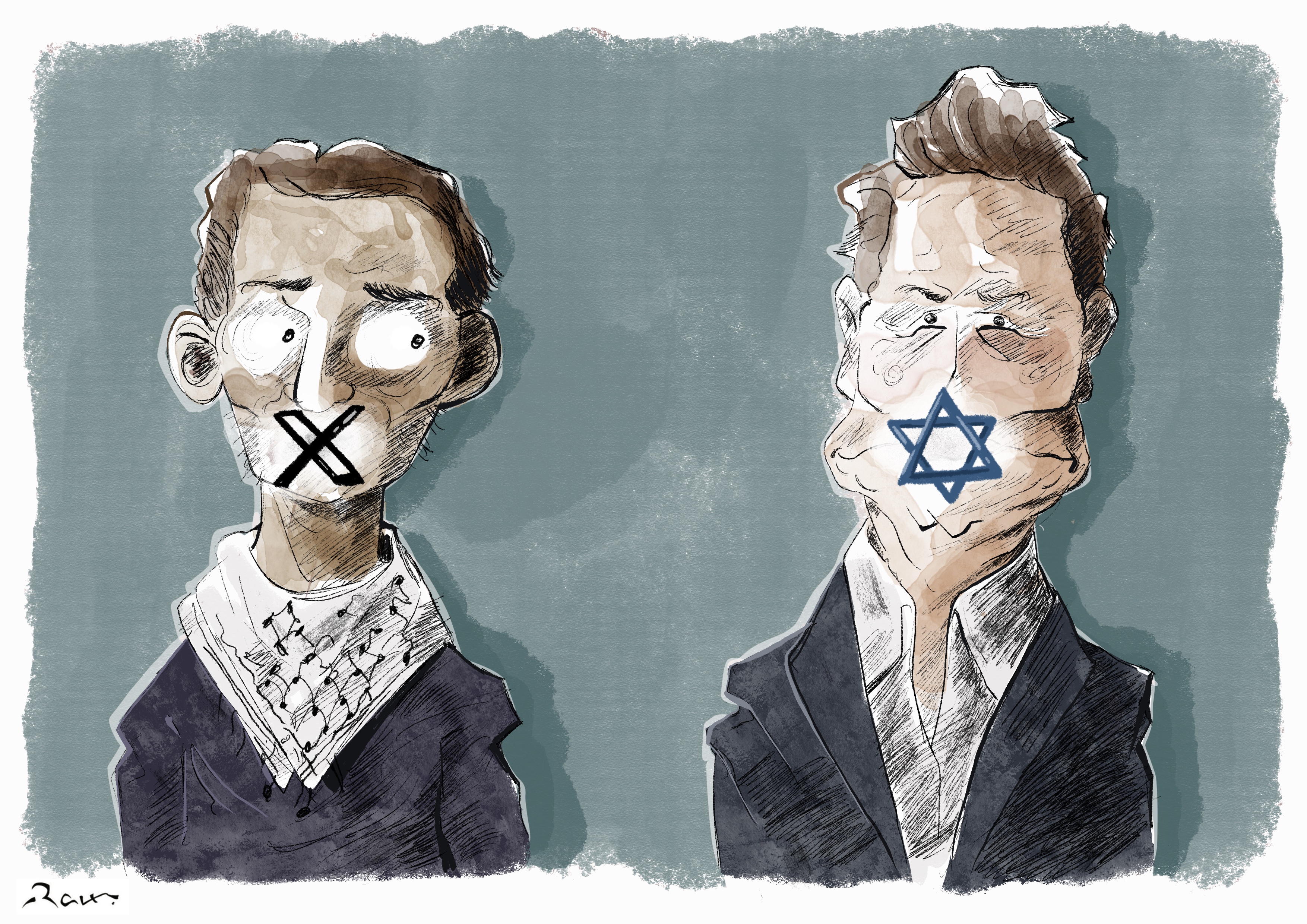 Political cartoon by Rafat Alkhatib, “Free Elon”, 25 December 2023.