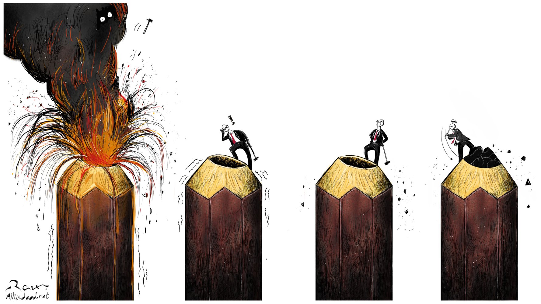Political cartoon by Rafat Alkhatib, “Free Pencils”, 5 November 2018.