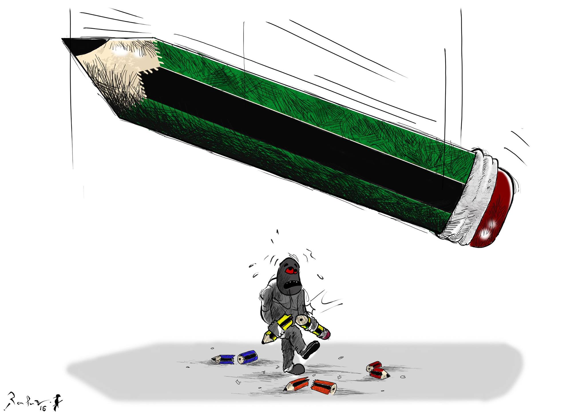 Political cartoon by Rafat Alkhatib, “Free Speech against suppression”, 12 January 2016.