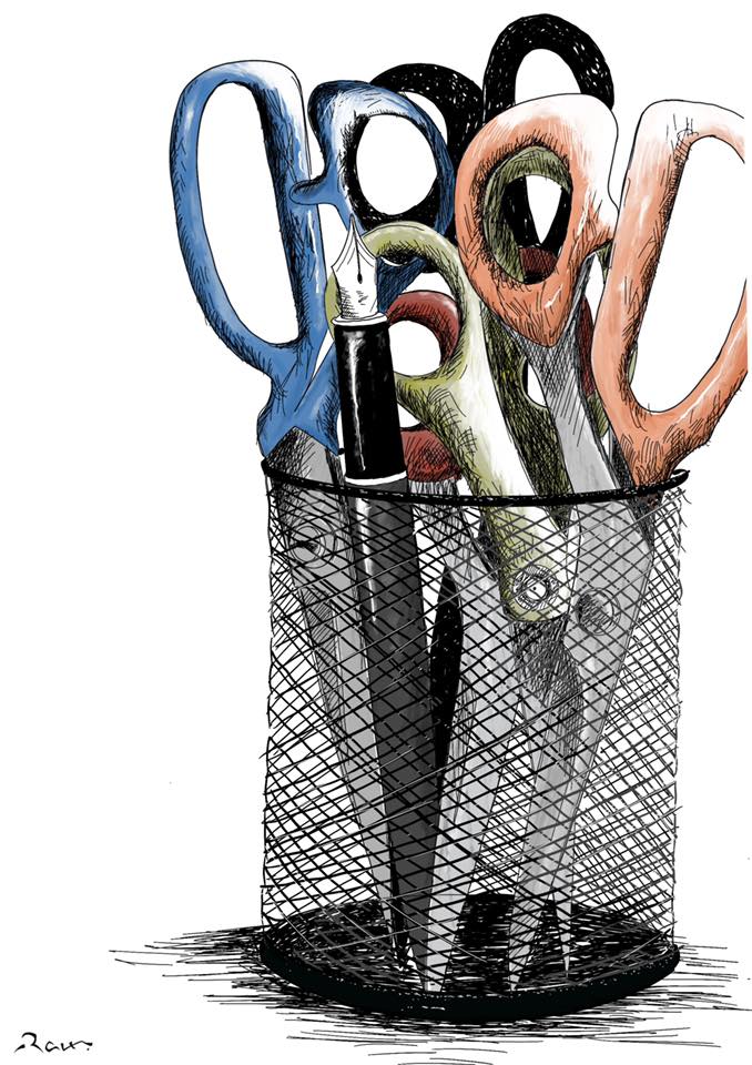Political cartoon by Rafat Alkhatib, “Free Speech options”, 31 July 2019.