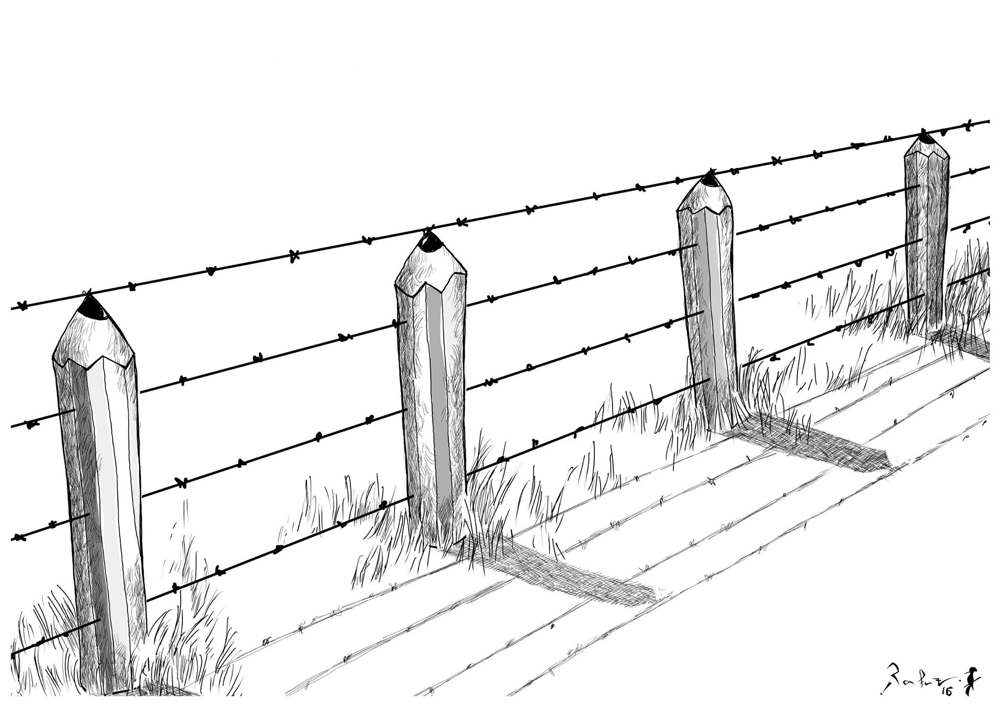 Political cartoon by Rafat Alkhatib, “Freedom boarders”, 31 August 2016.