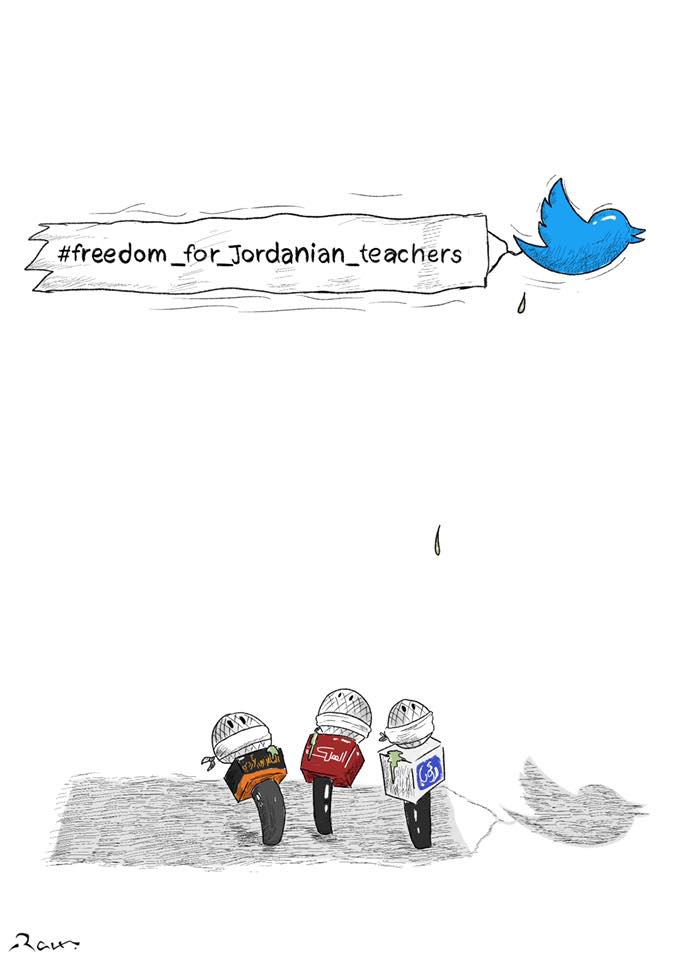 Political cartoon by Rafat Alkhatib, “Freedom for Jordanian teachers”, 1 August 2020.