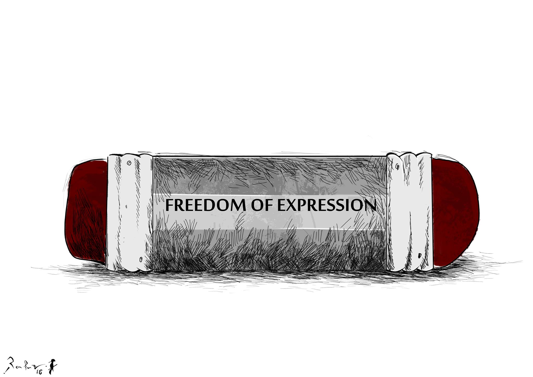 Political cartoon by Rafat Alkhatib, “Freedom of speech”, 25 April 2016.