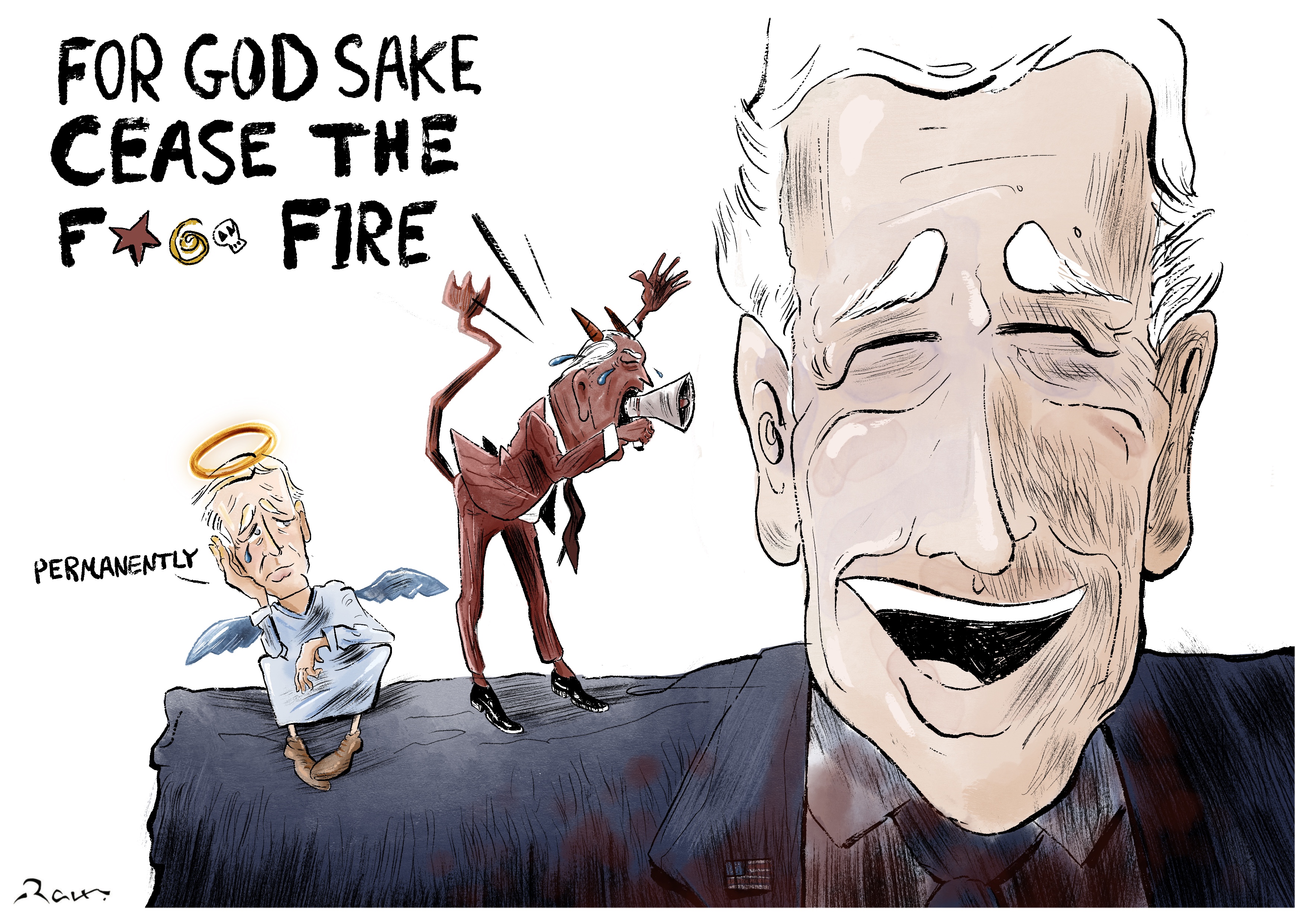 Political cartoon by Rafat Alkhatib, “Genocide Joe”, 1 March 2024.