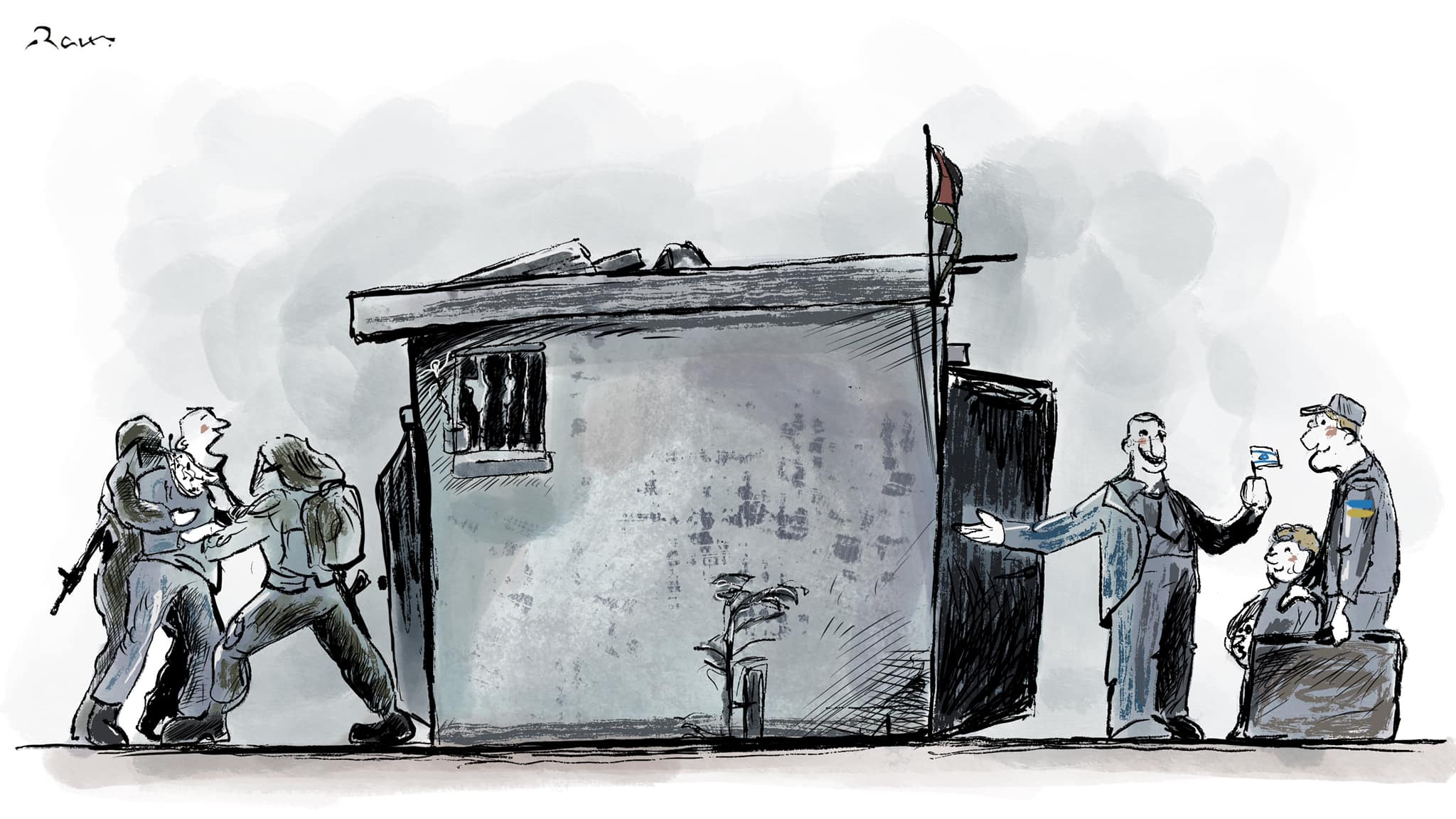 Political cartoon by Rafat Alkhatib, “Granting homes for Ukrainian in Palestine”, 10 March 2022.
