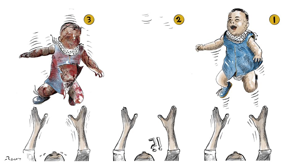 Political cartoon by Rafat Alkhatib, “Happy Palestinians Kids!”, 17 May 2021.