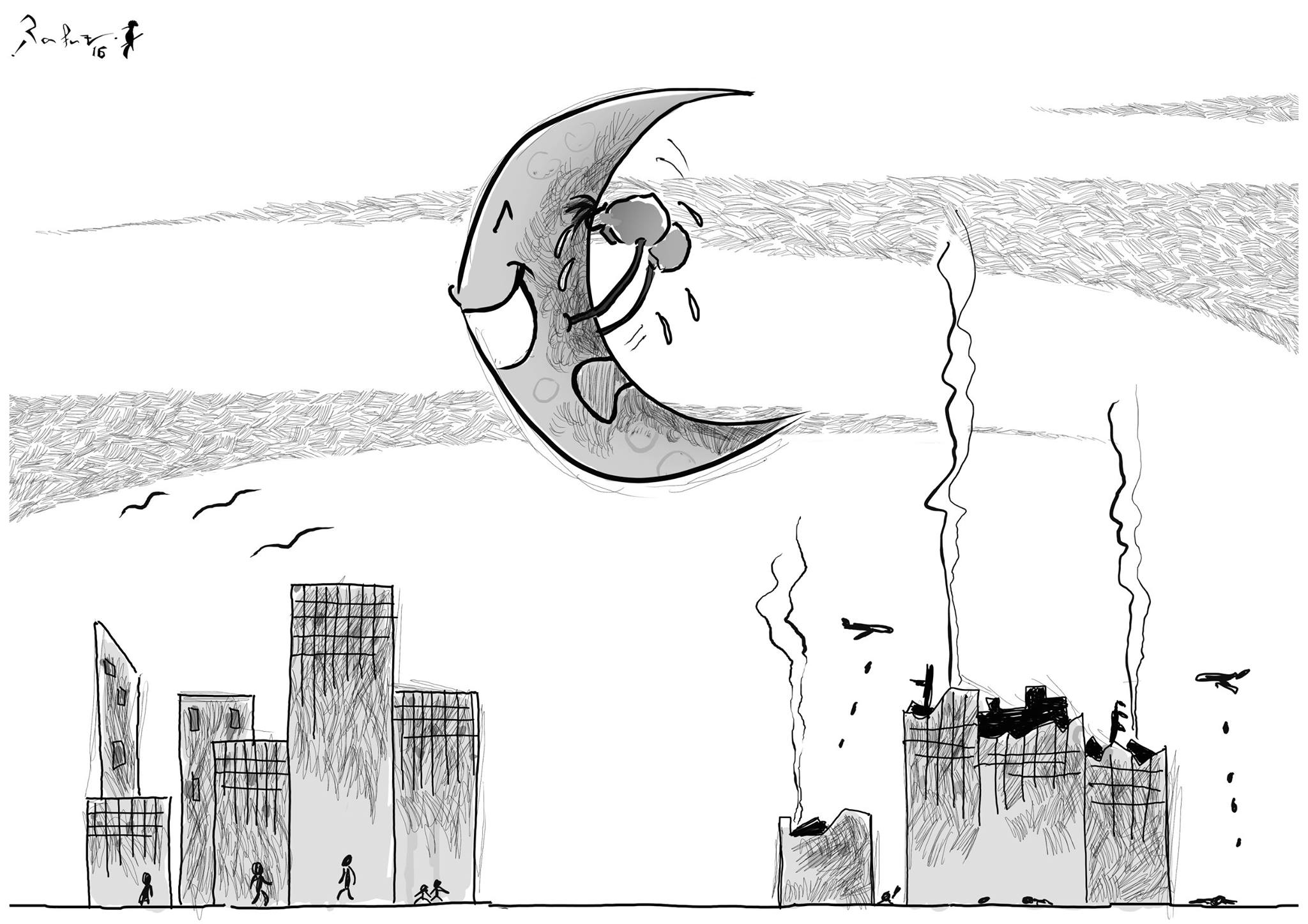Political cartoon by Rafat Alkhatib, “Happy Sad Eid”, 5 June 2016.